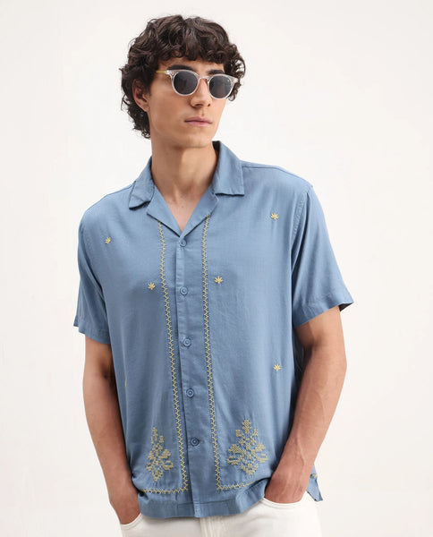 Buy Tared - Dusky Blue Boxy Fit Embroidered Shirt| Rare Rabbit