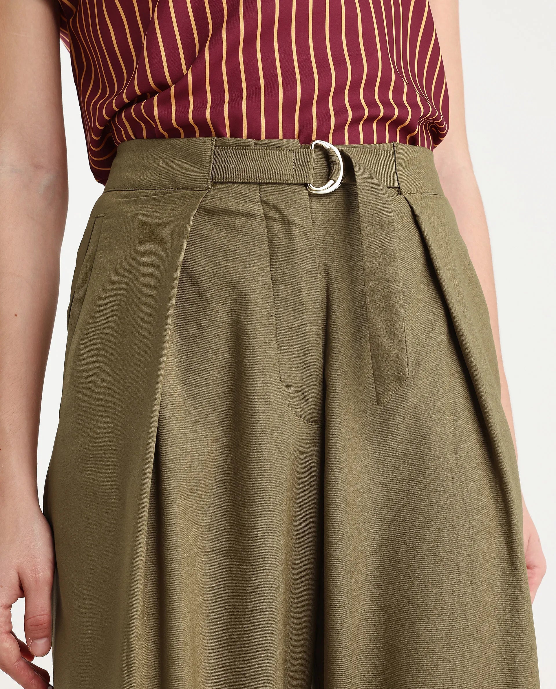 Rareism Women's Tarina Mustard Viscose Blend Plain Ankle Length Wide Trouser