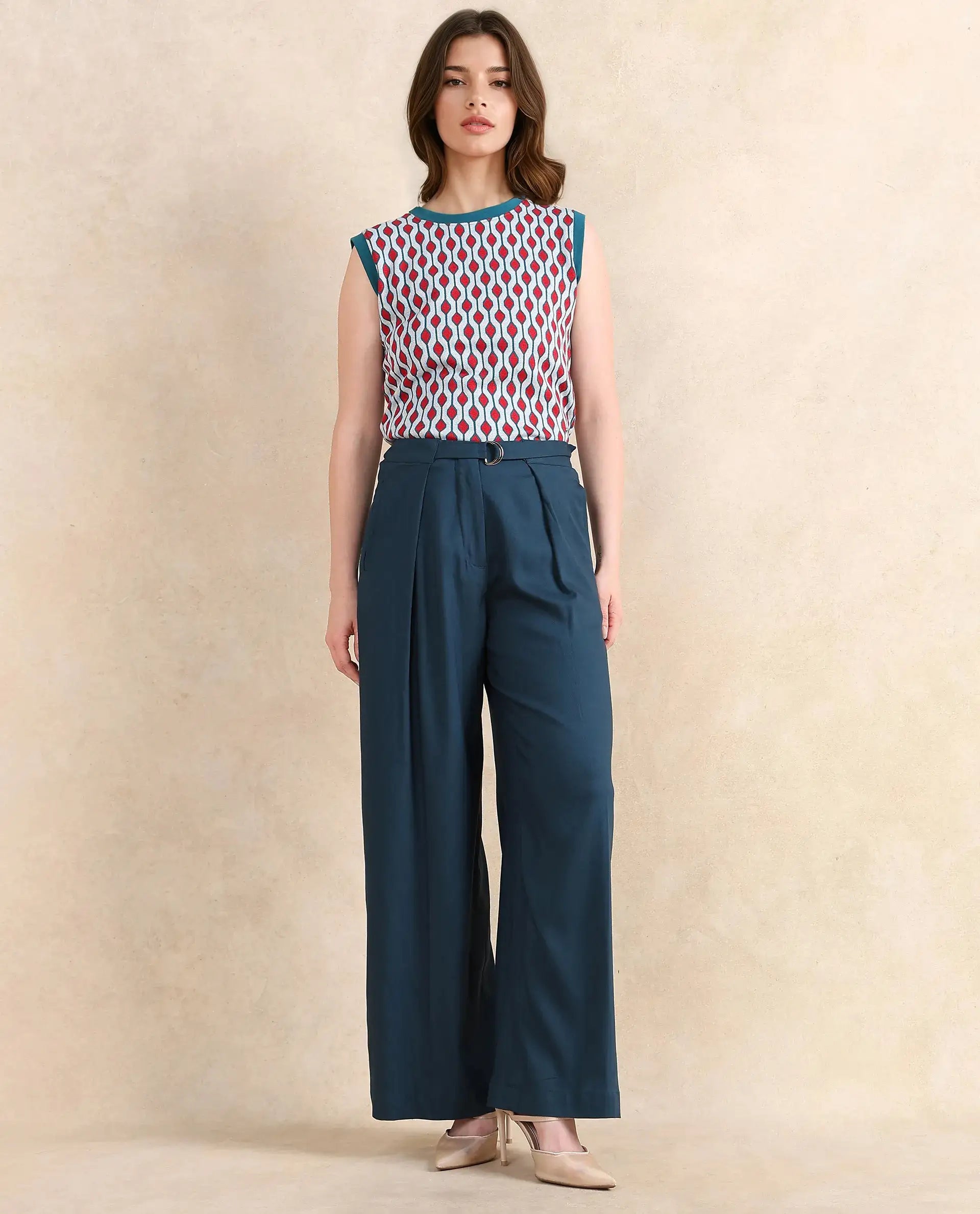 Rareism Women Tarina Teal Hook Closure Wide Fit Ankle Length Plain Trouser