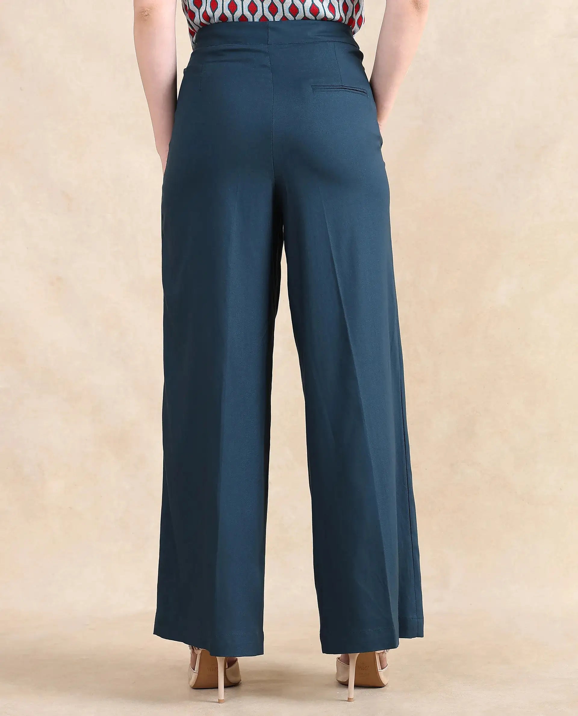 Rareism Women Tarina Teal Hook Closure Wide Fit Ankle Length Plain Trouser