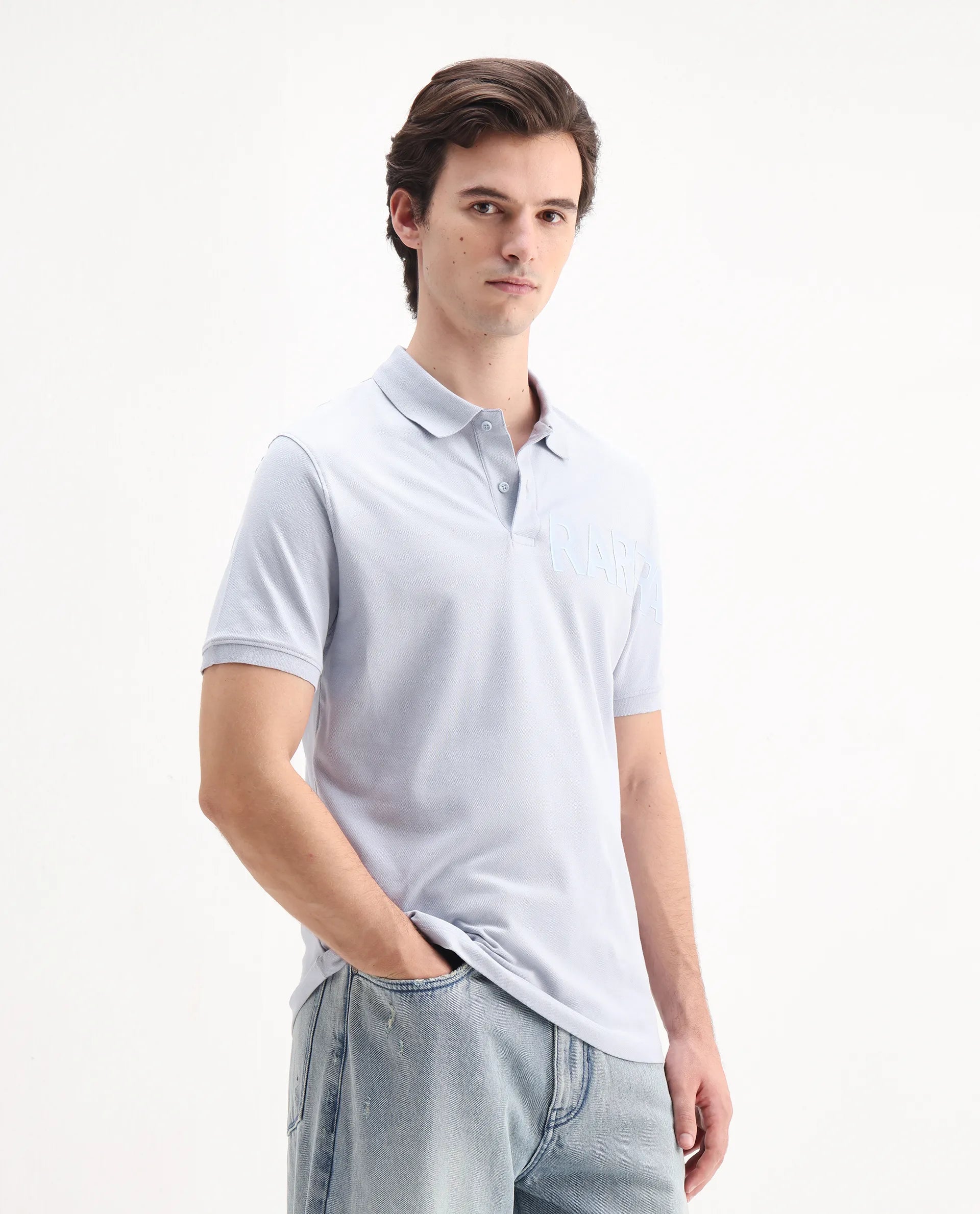 Rare Rabbit Men's Taro Blue Cotton Plain Regular Fit Half Sleeve Polo