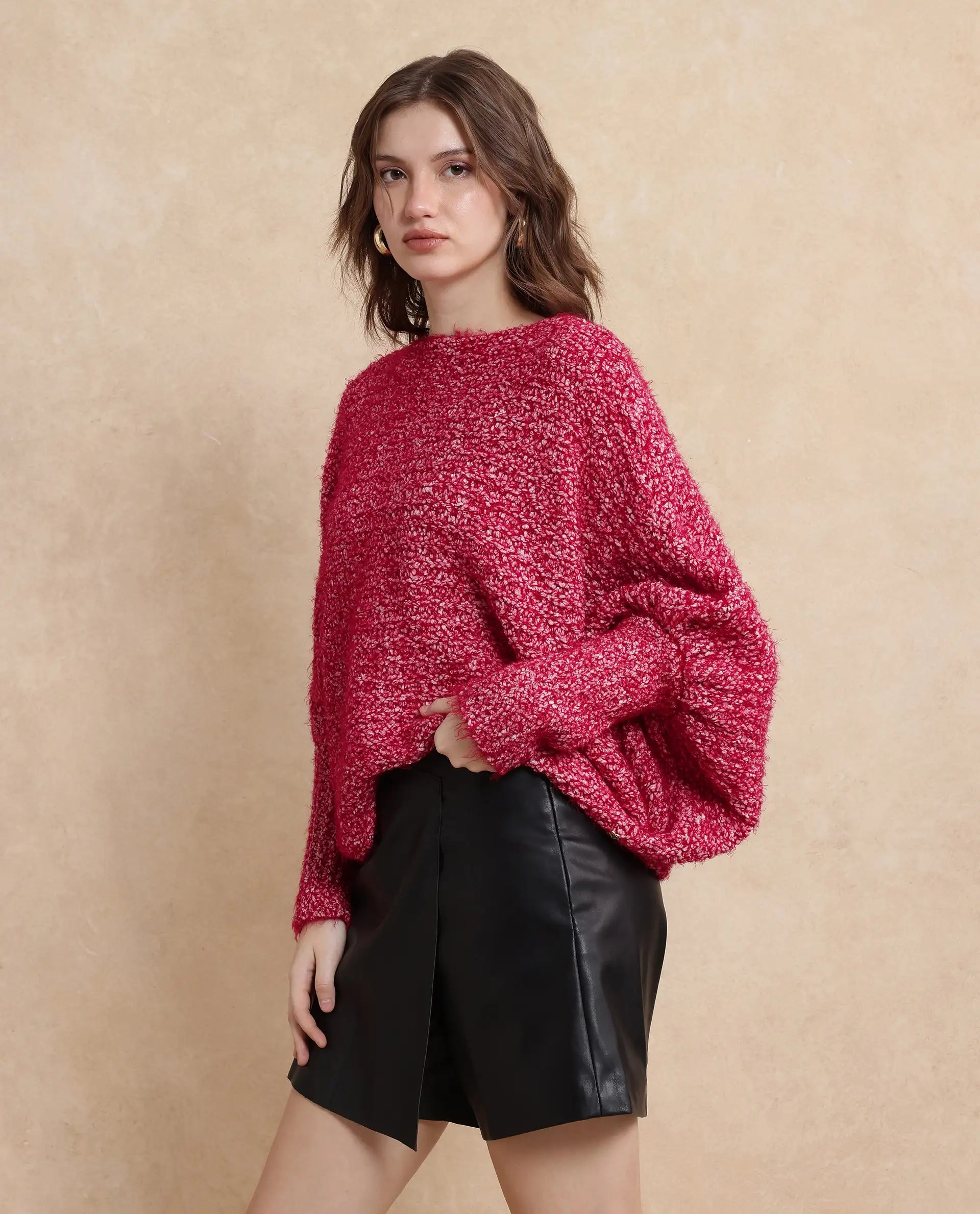 Rareism Women Taro Dark Red Polyester Nylon Fabric Oversized Fit Plain Sweater