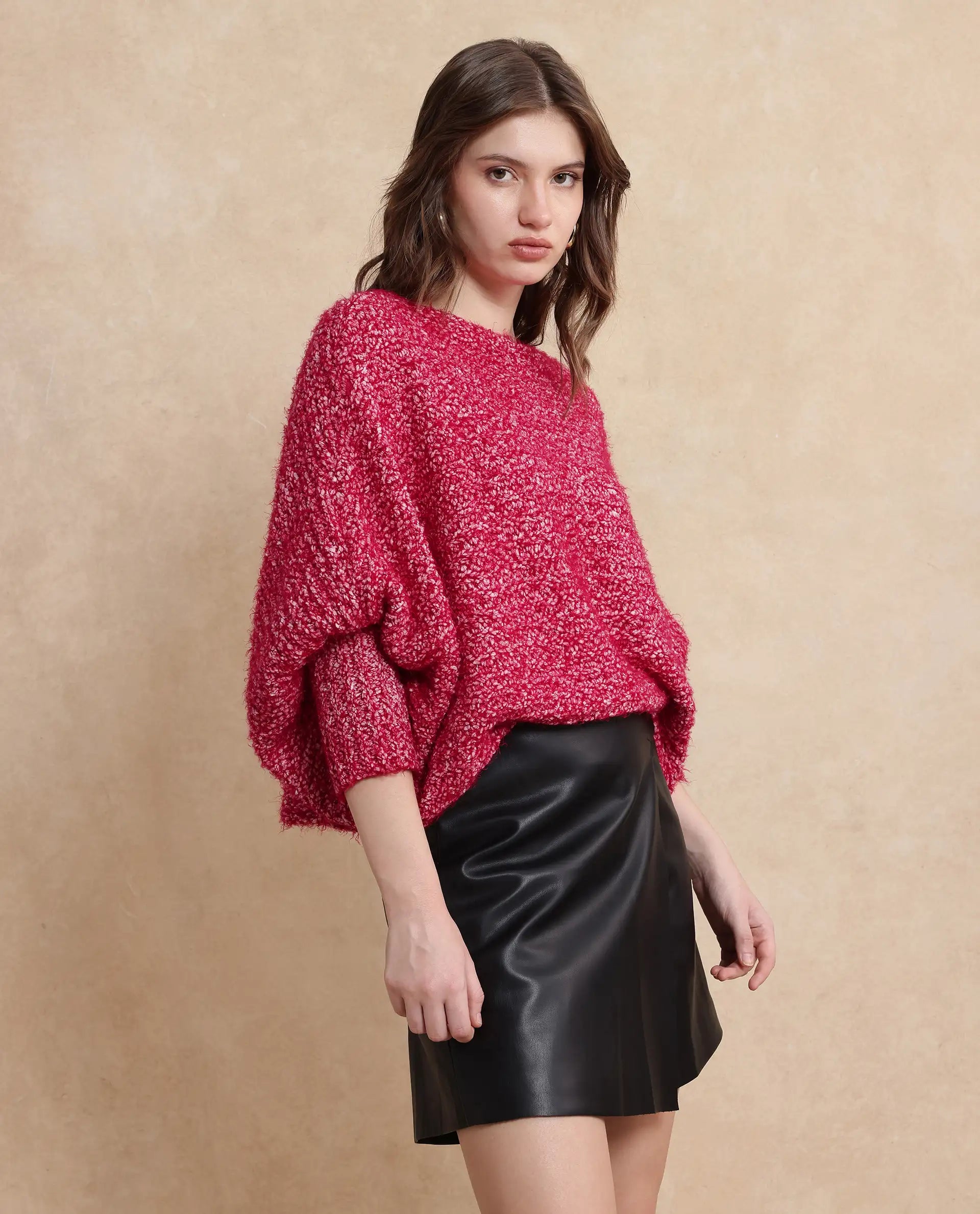 Rareism Women Taro Dark Red Polyester Nylon Fabric Oversized Fit Plain Sweater