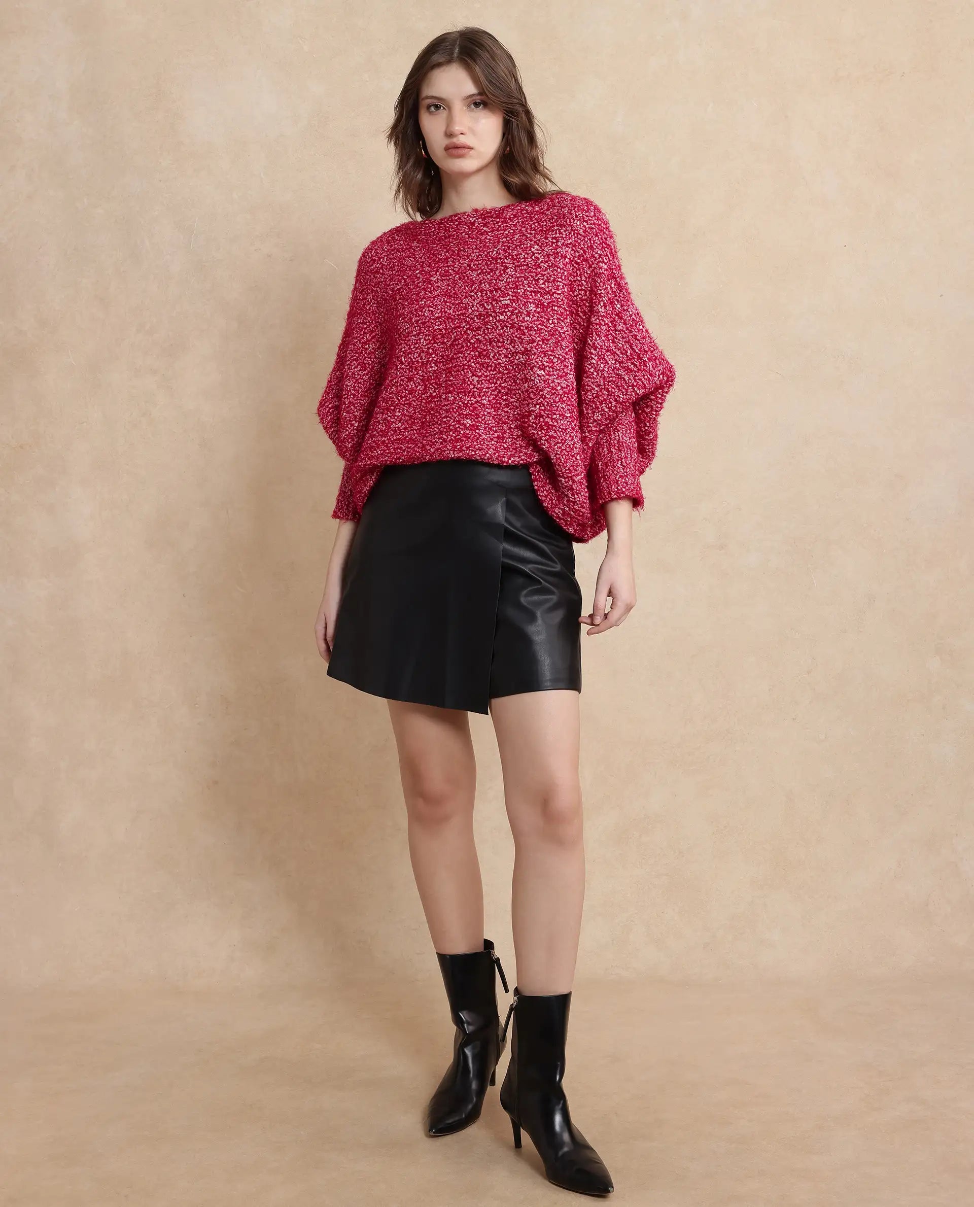 Rareism Women Taro Dark Red Polyester Nylon Fabric Oversized Fit Plain Sweater