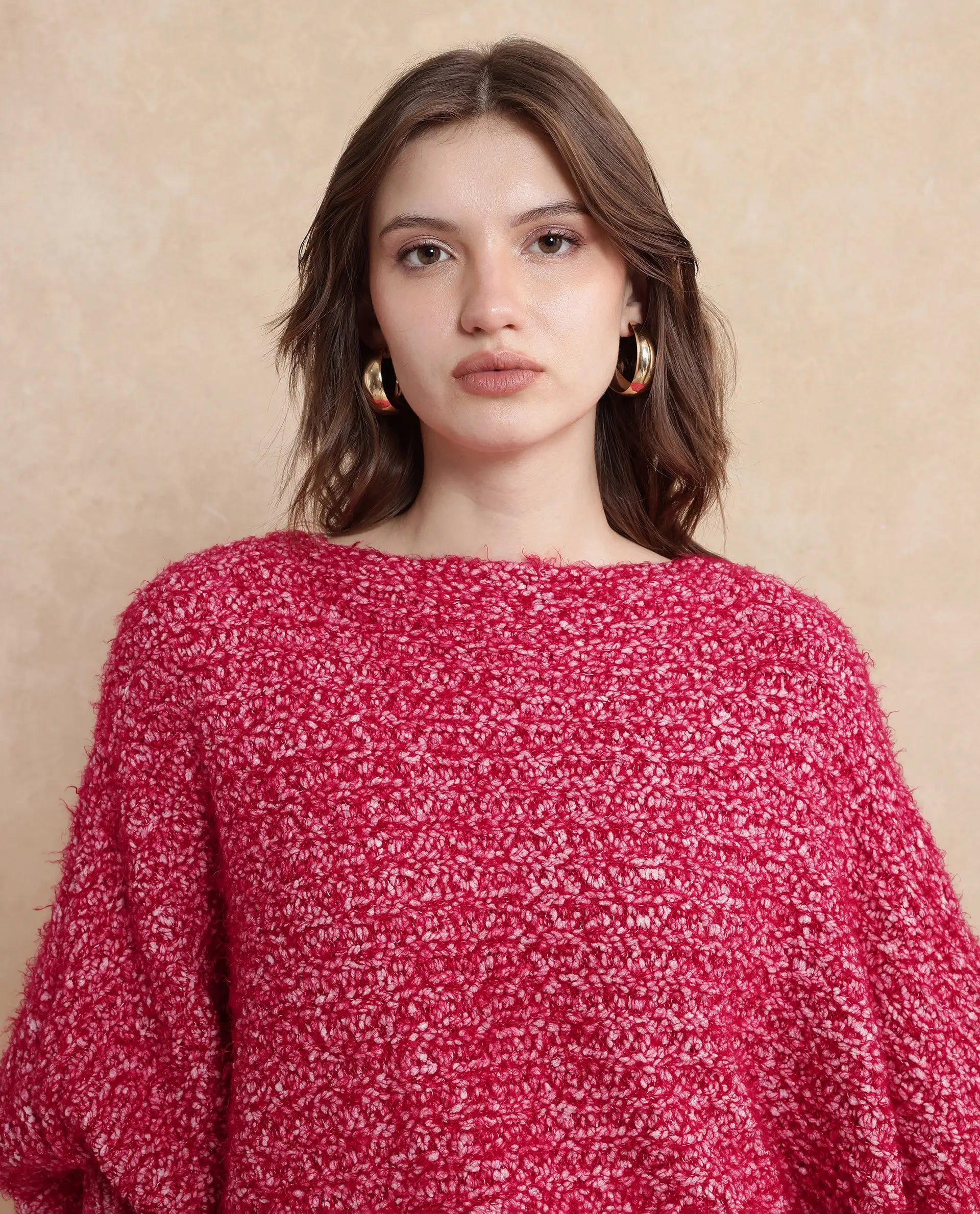 Rareism Women Taro Dark Red Polyester Nylon Fabric Oversized Fit Plain Sweater