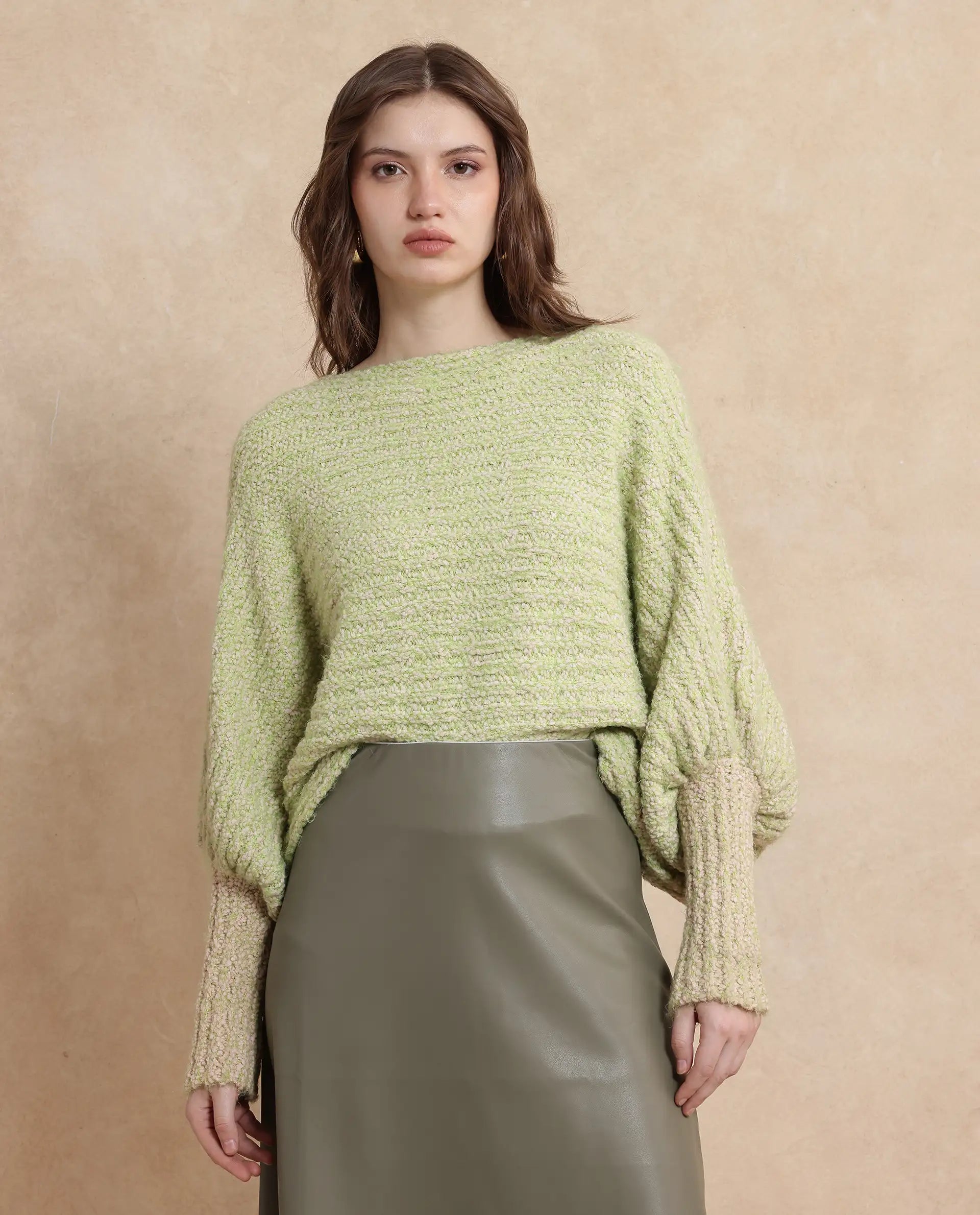 Rareism Women Taro Dusky Green Polyester Nylon Fabric Oversized Fit Plain Sweater