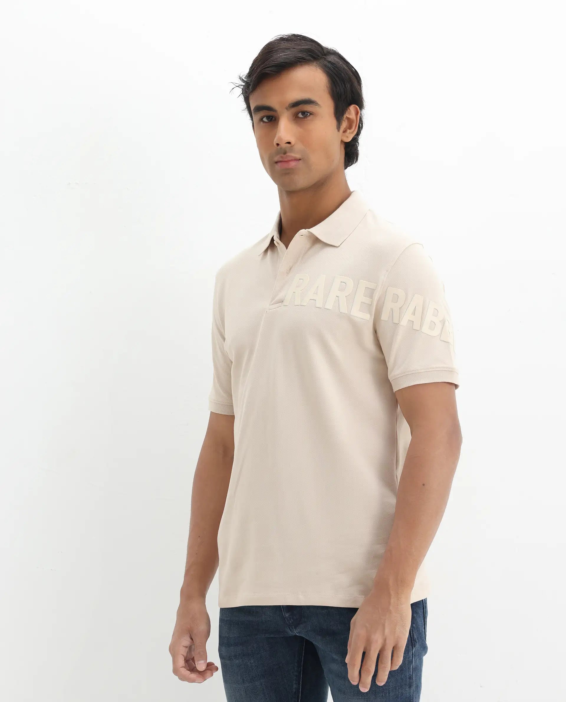 Rare Rabbit Men's Taro Light Beige Cotton Graphic Print Regular Fit Half Sleeve Polo