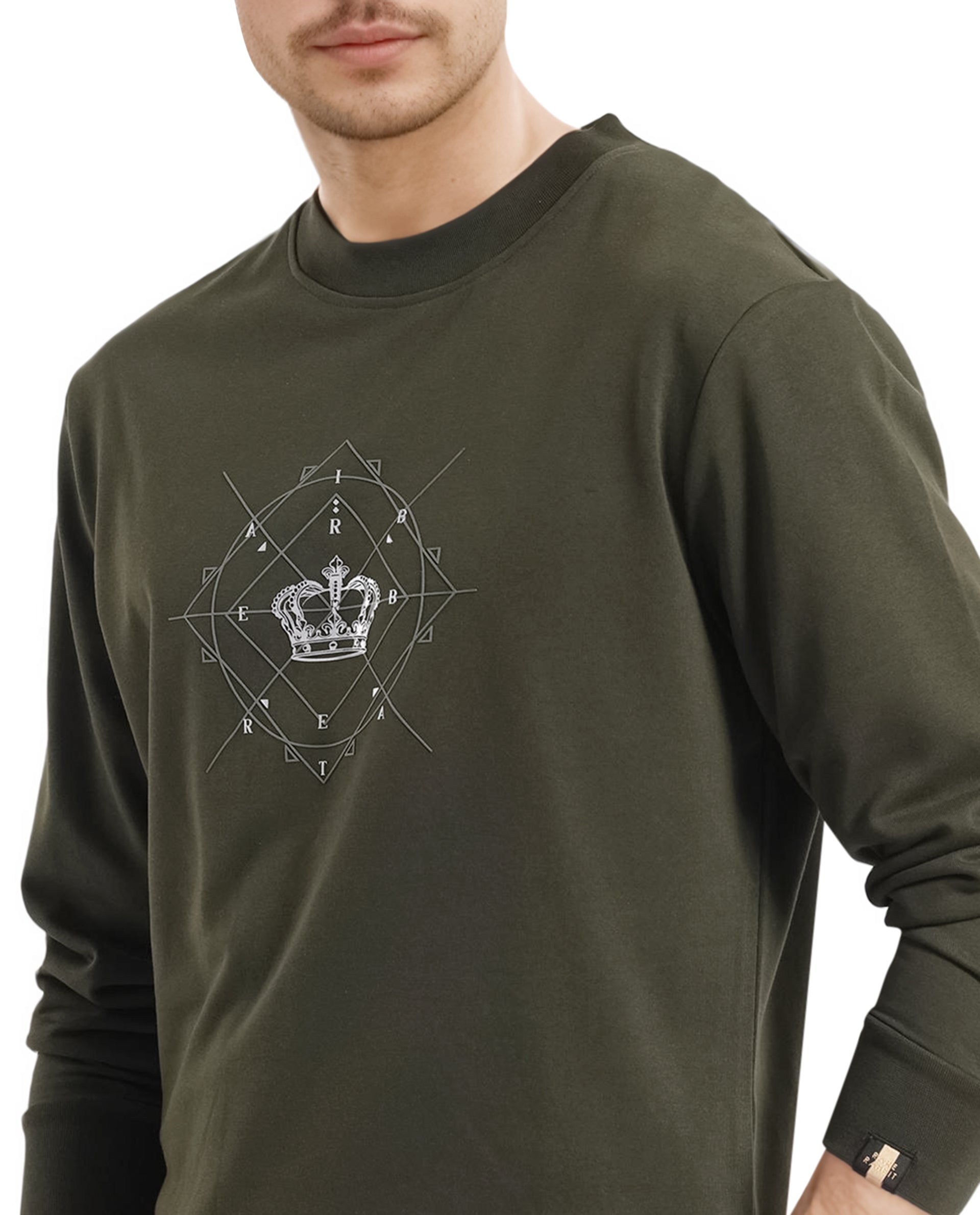 Rare Rabbit Men Tarol Olive Cotton Polyester Fabric Full Sleeve Crew Neck Regular Fit HD Printed Sweatshirt