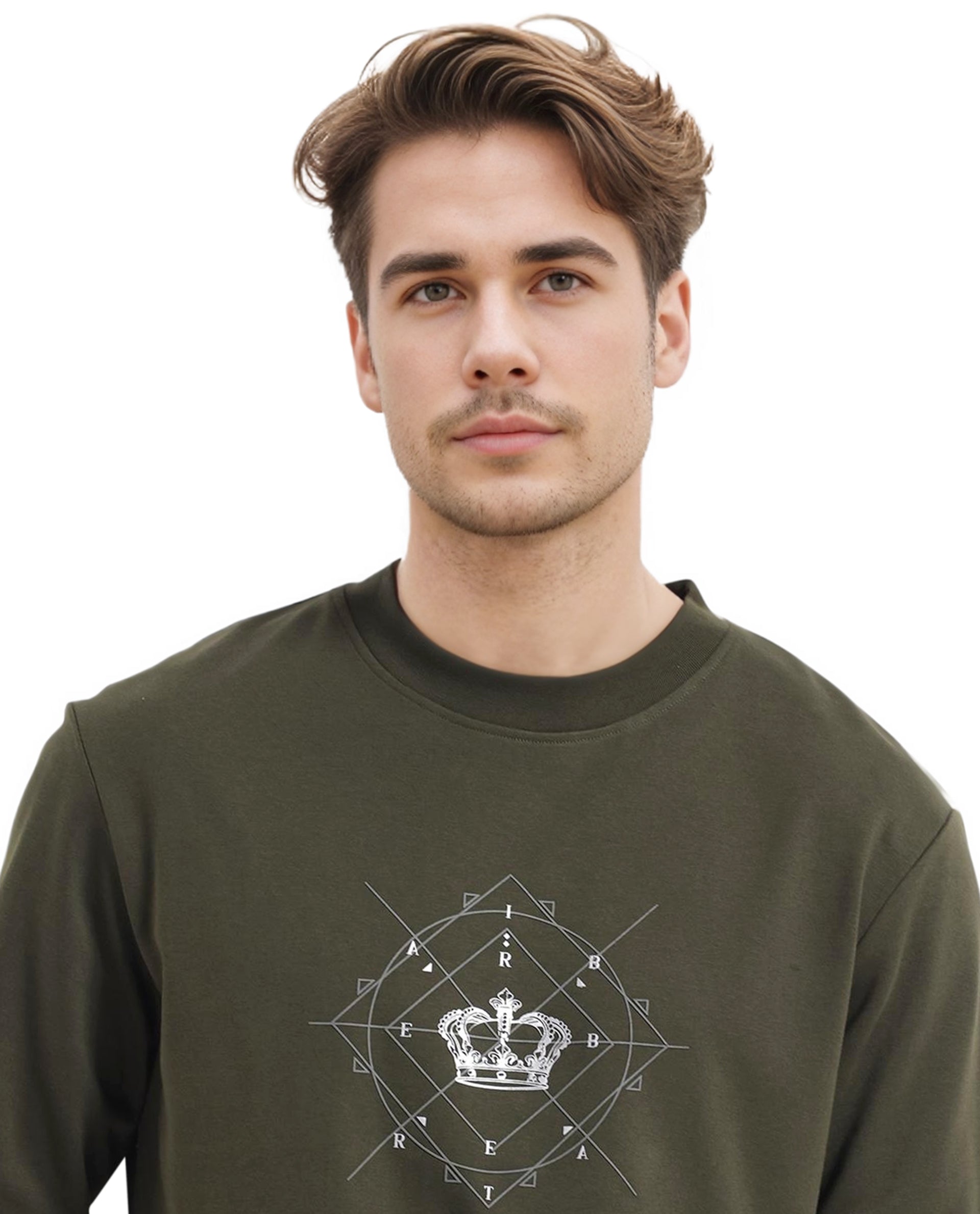 Rare Rabbit Men Tarol Olive Cotton Polyester Fabric Full Sleeve Crew Neck Regular Fit HD Printed Sweatshirt