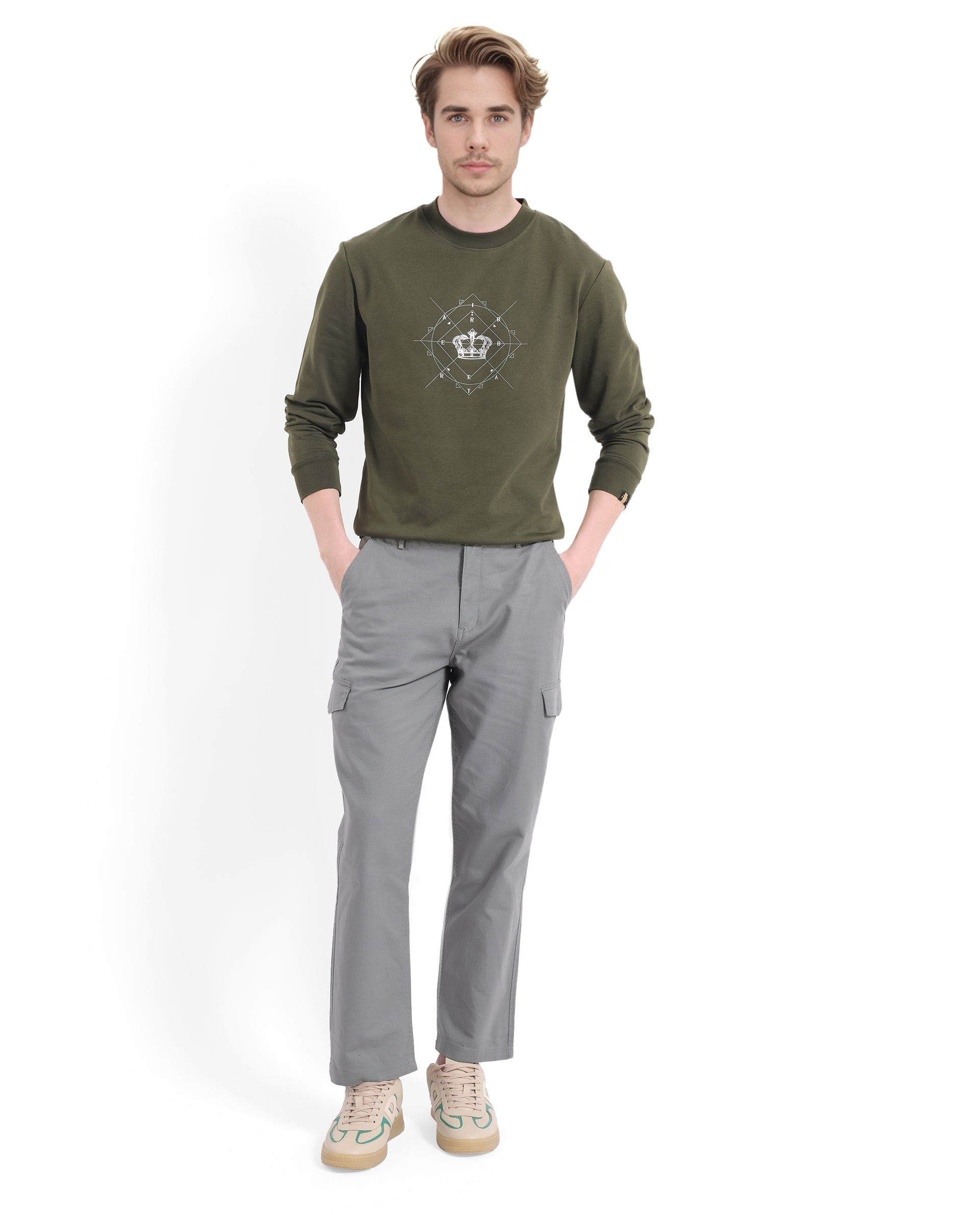 Rare Rabbit Men Tarol Olive Cotton Polyester Fabric Full Sleeve Crew Neck Regular Fit HD Printed Sweatshirt