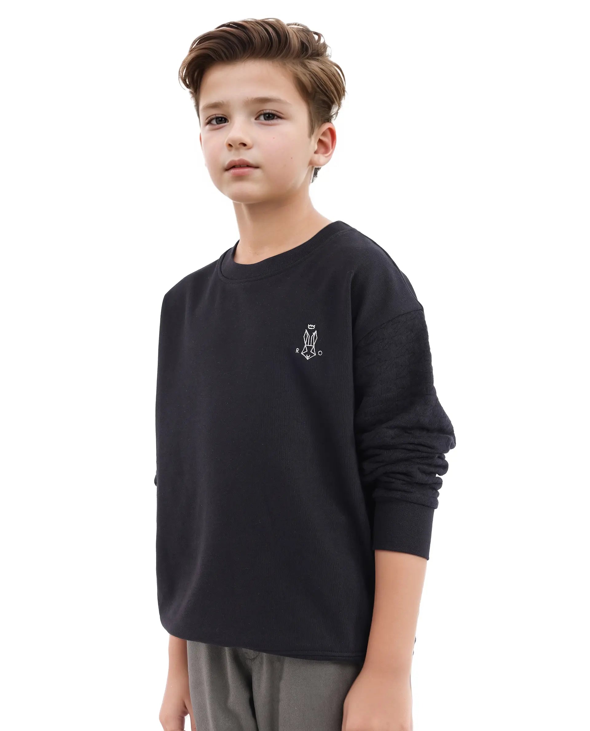 Rare Ones Kids Taron Black Cotton Poly Full Sleeve Embroidered Sweatshirt
