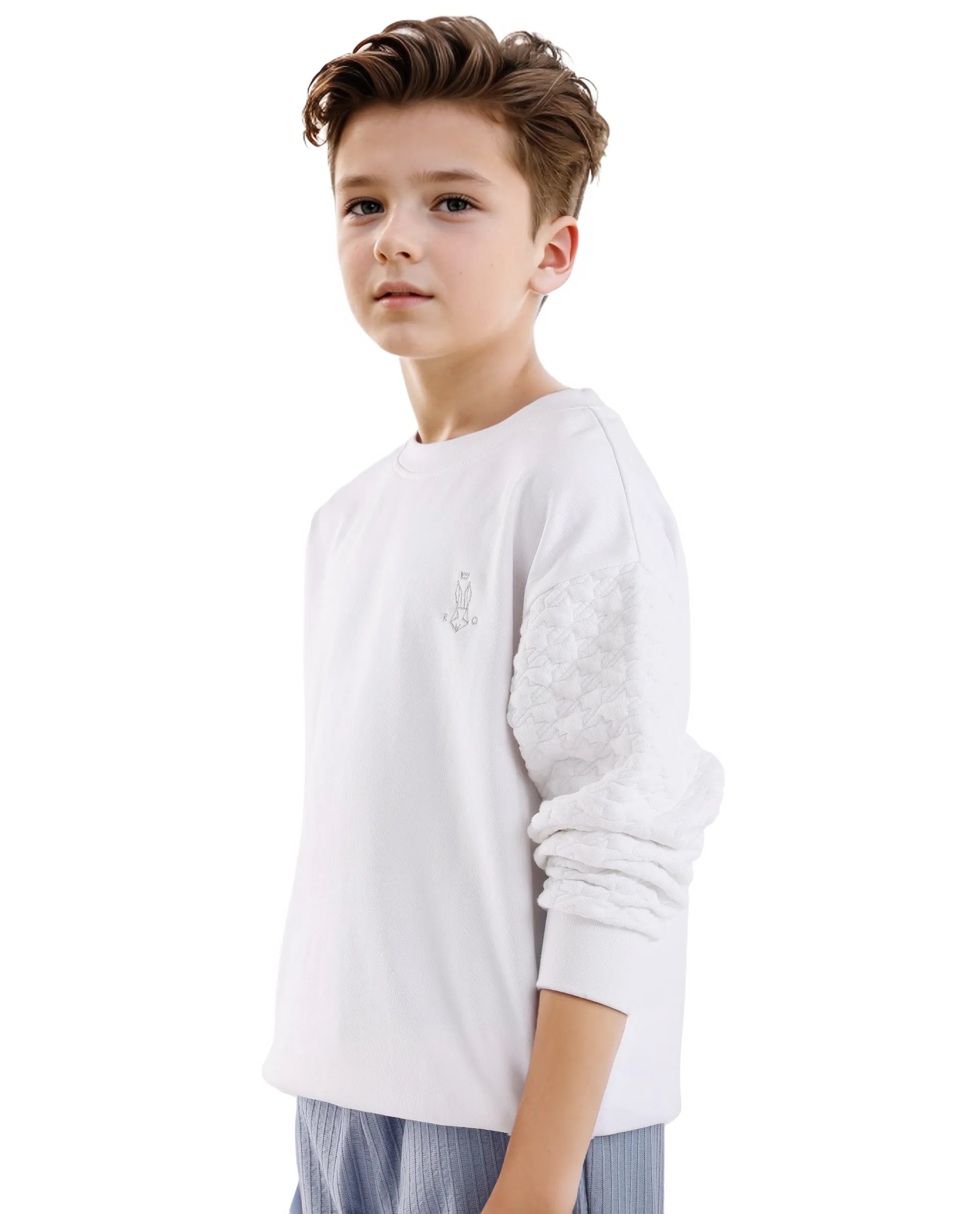 Rare Ones Kids Taron White Cotton Full Sleeve Embroidered Sweatshirt