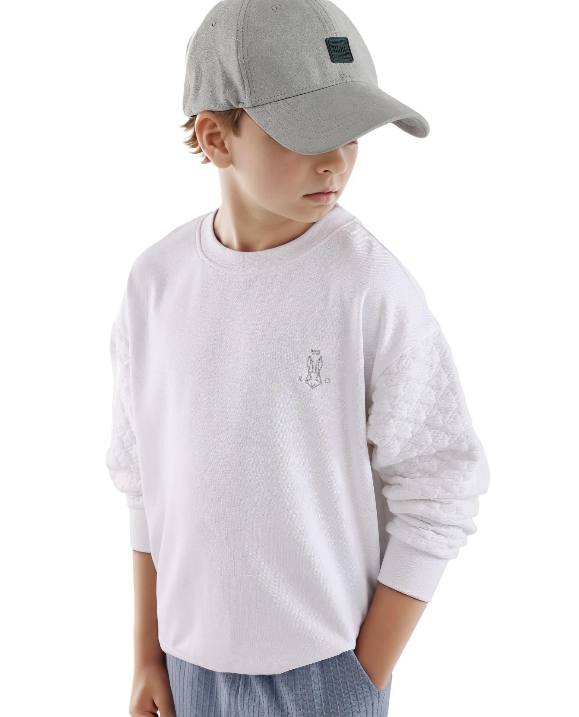 Rare Ones Kids Taron White Cotton Full Sleeve Embroidered Sweatshirt