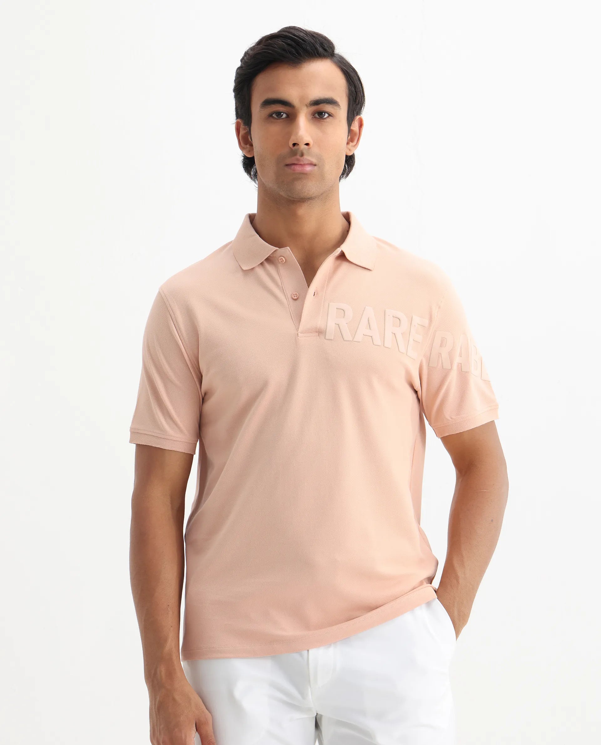 Rare Rabbit Men's Taro Peach Cotton Plain Regular Fit Half Sleeve Polo