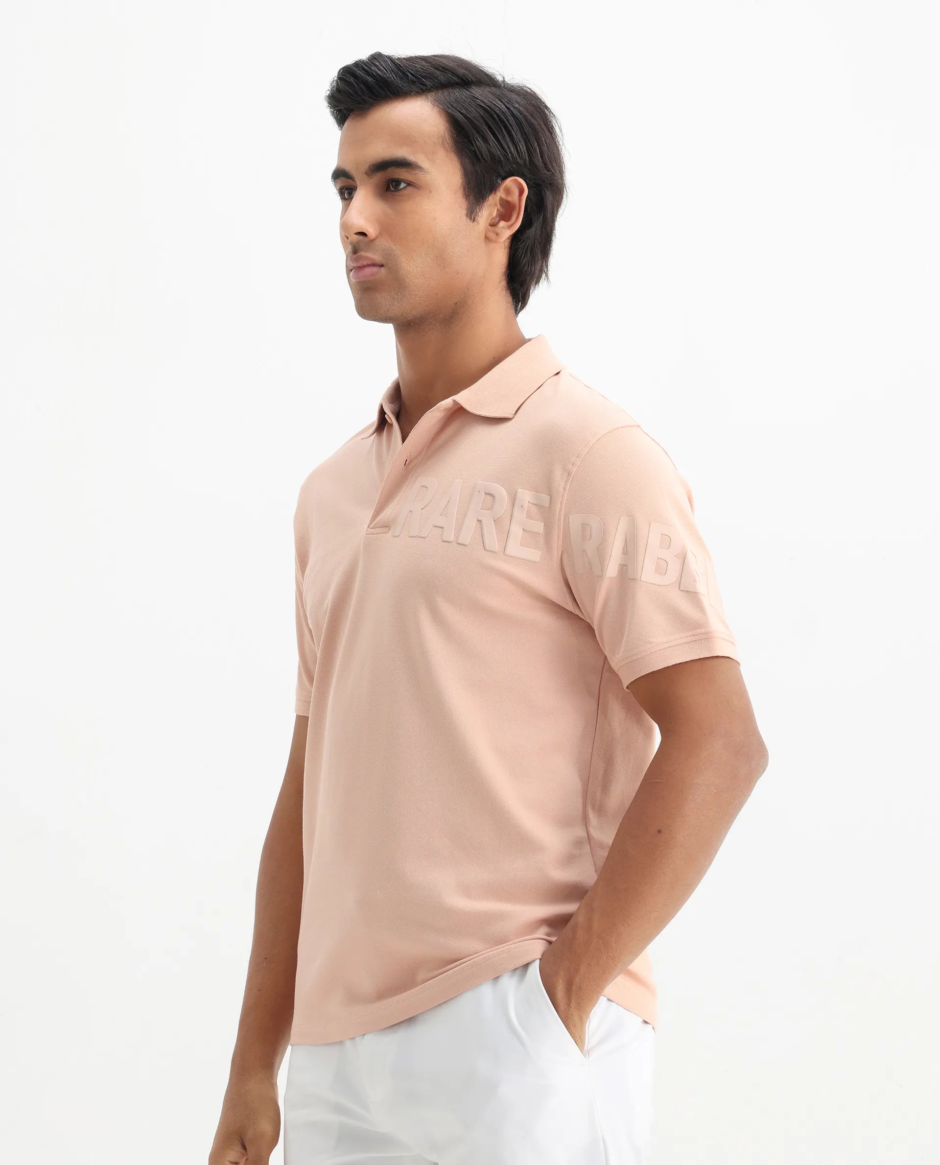 Rare Rabbit Men's Taro Peach Cotton Plain Regular Fit Half Sleeve Polo