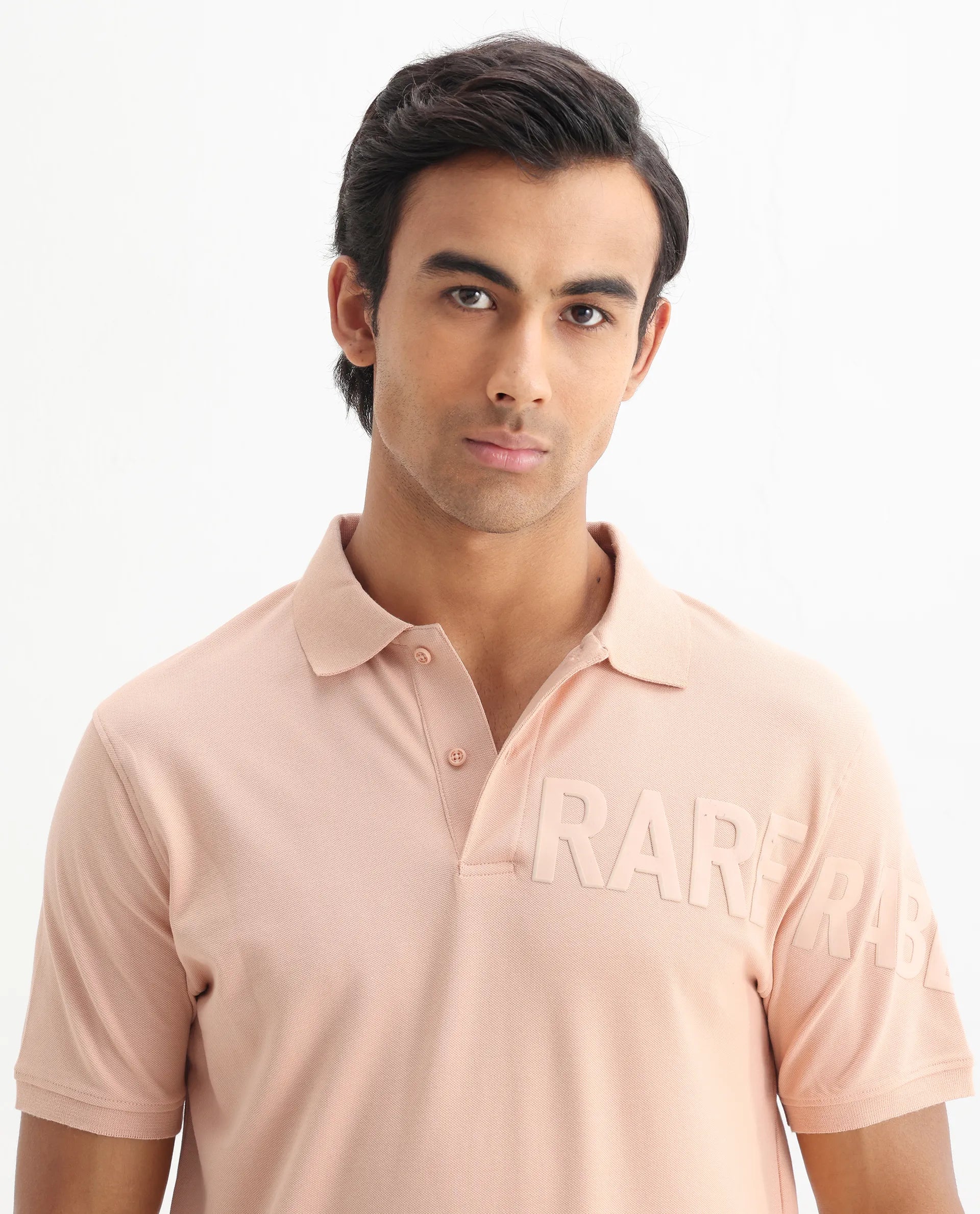 Rare Rabbit Men's Taro Peach Cotton Plain Regular Fit Half Sleeve Polo