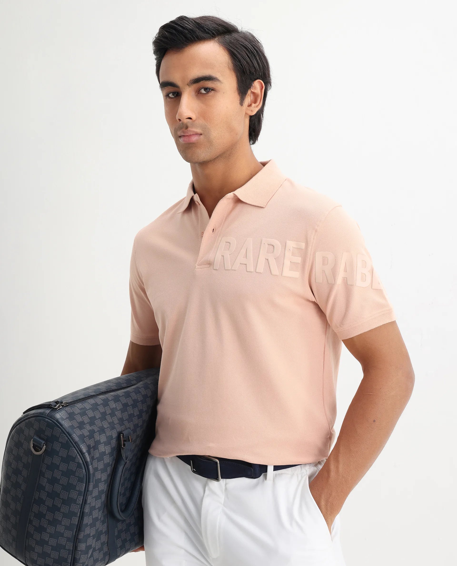 Rare Rabbit Men's Taro Peach Cotton Plain Regular Fit Half Sleeve Polo