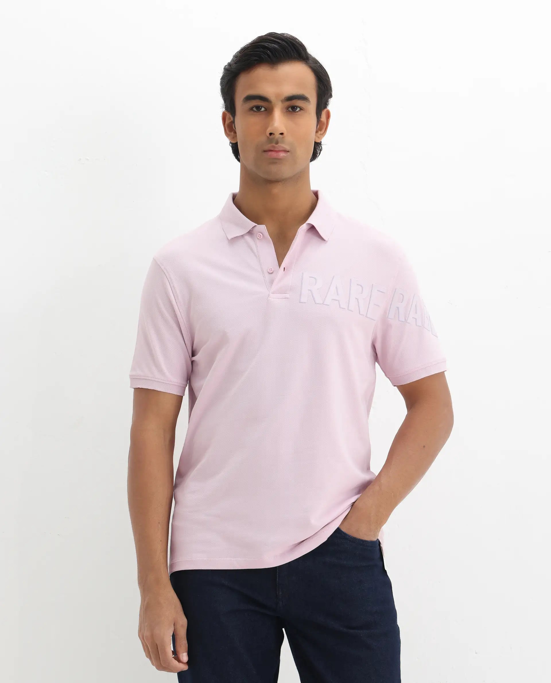 Rare Rabbit Men's Taro Pink Cotton Plain Regular Fit Half Sleeve Polo