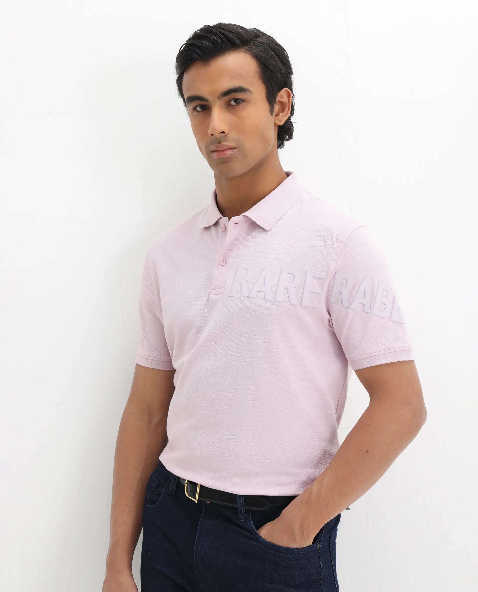 Rare Rabbit Men's Taro Pink Cotton Plain Regular Fit Half Sleeve Polo