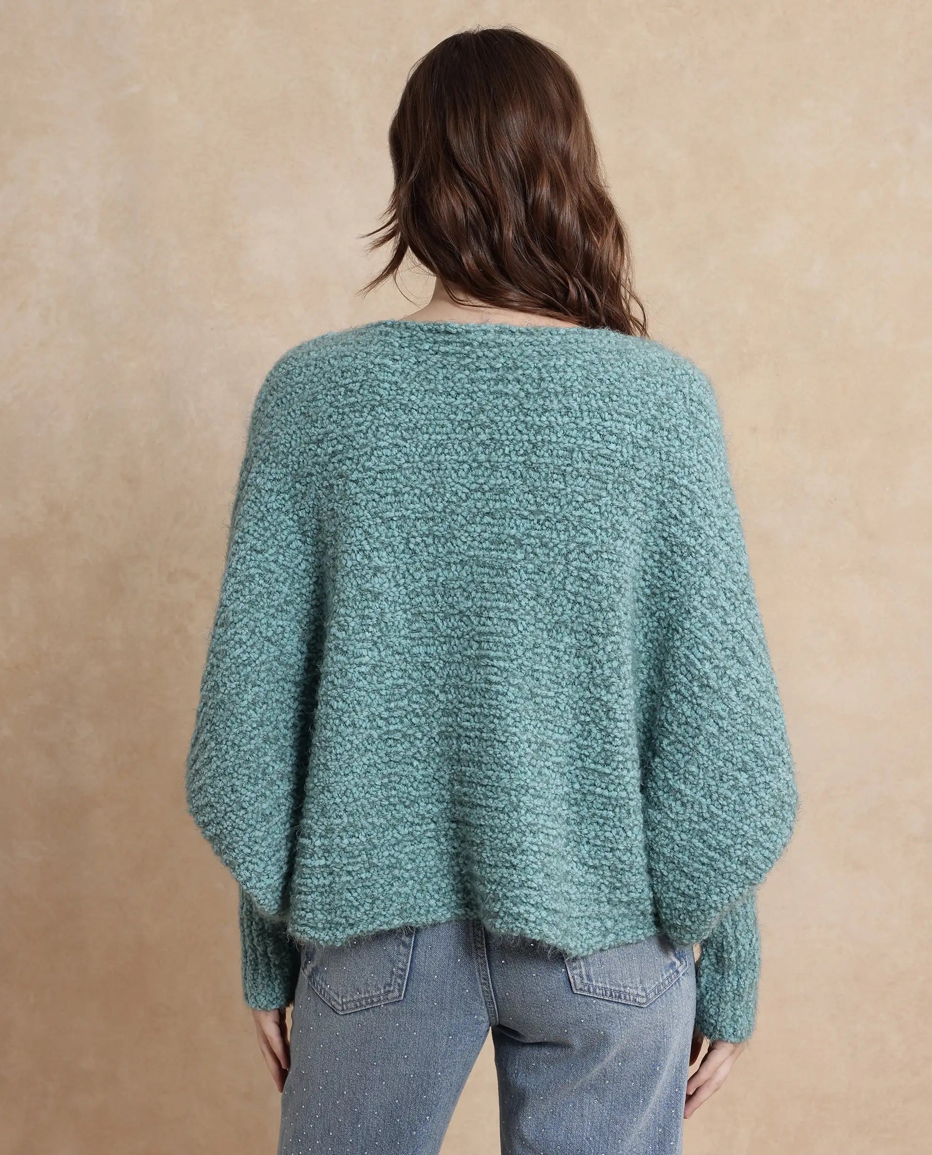 Rareism Women Taro Teal Polyester Nylon Fabric Oversized Fit Plain Sweater