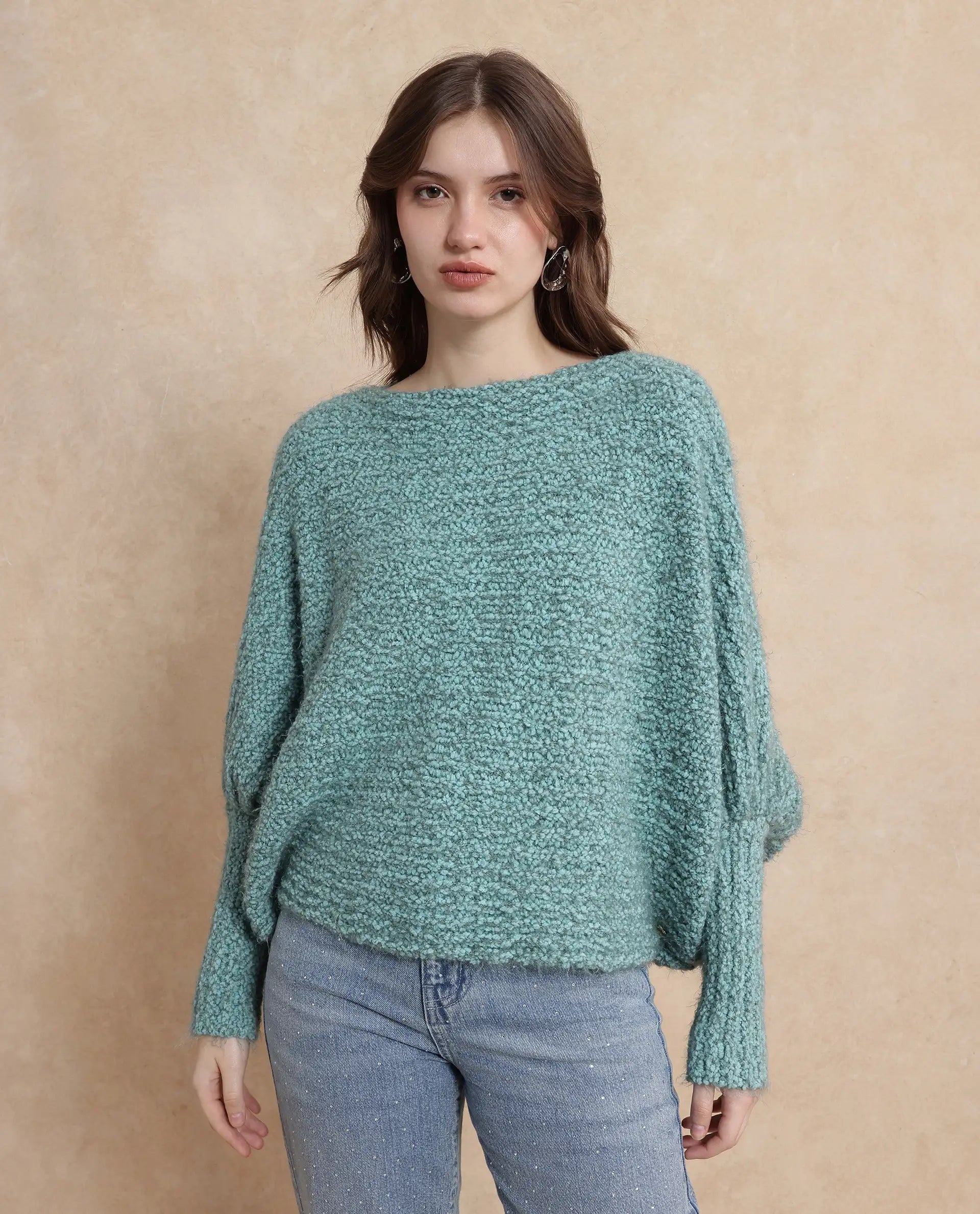 Rareism Women Taro Teal Polyester Nylon Fabric Oversized Fit Plain Sweater
