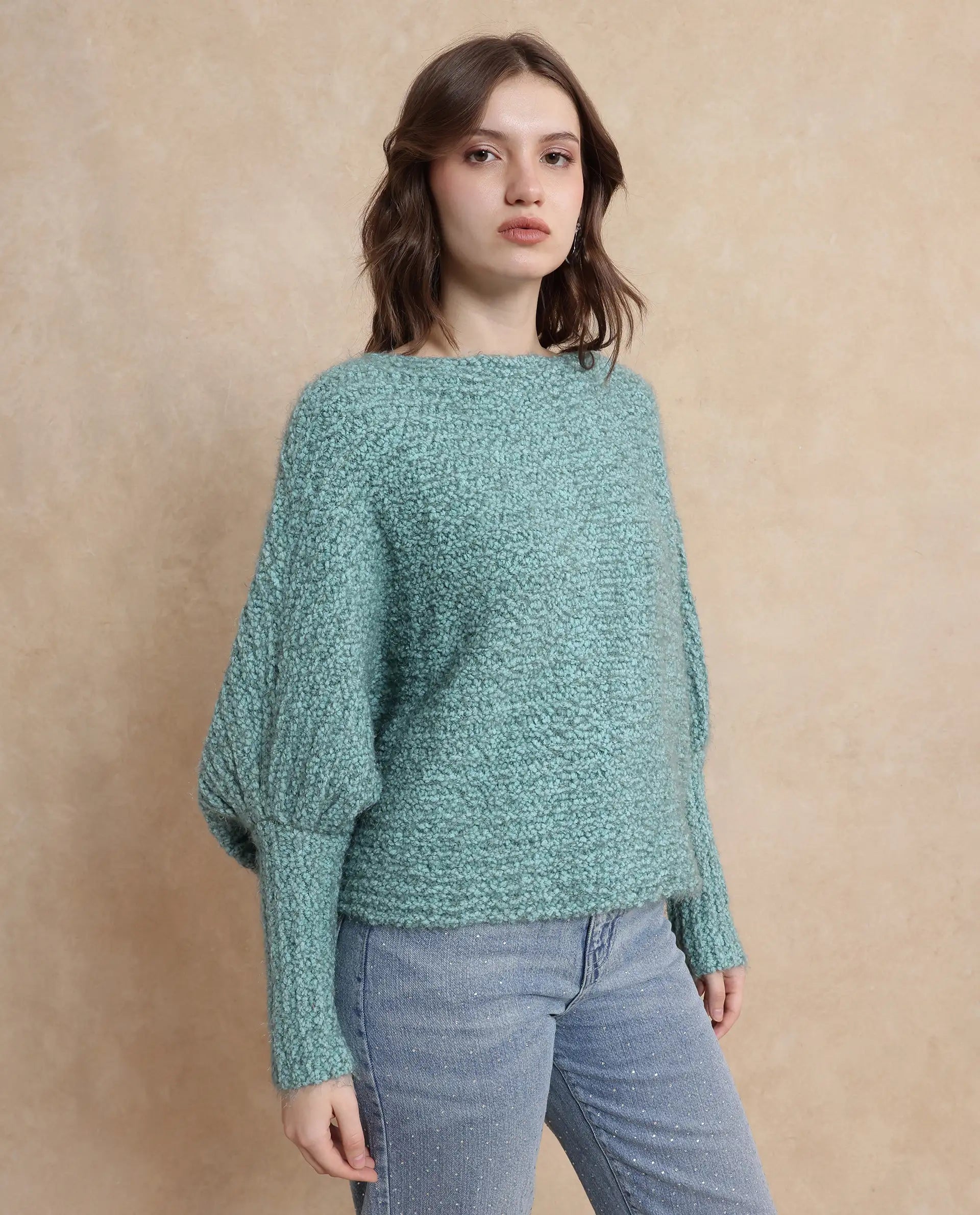Rareism Women Taro Teal Polyester Nylon Fabric Oversized Fit Plain Sweater