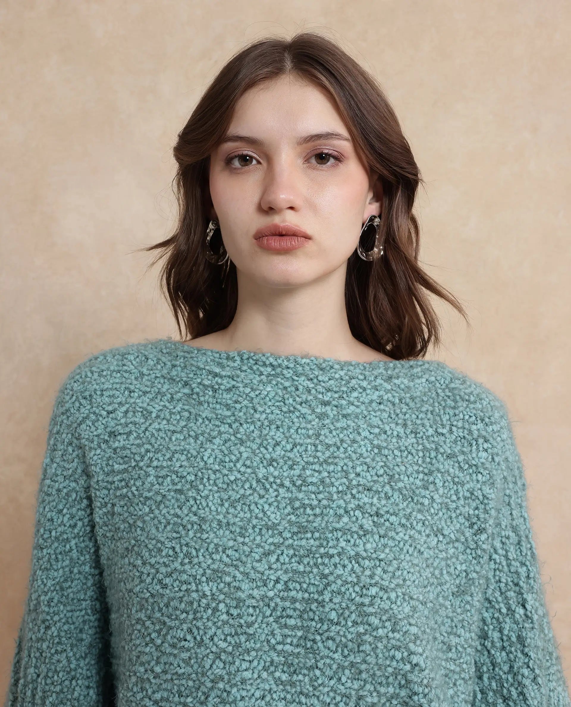 Rareism Women Taro Teal Polyester Nylon Fabric Oversized Fit Plain Sweater