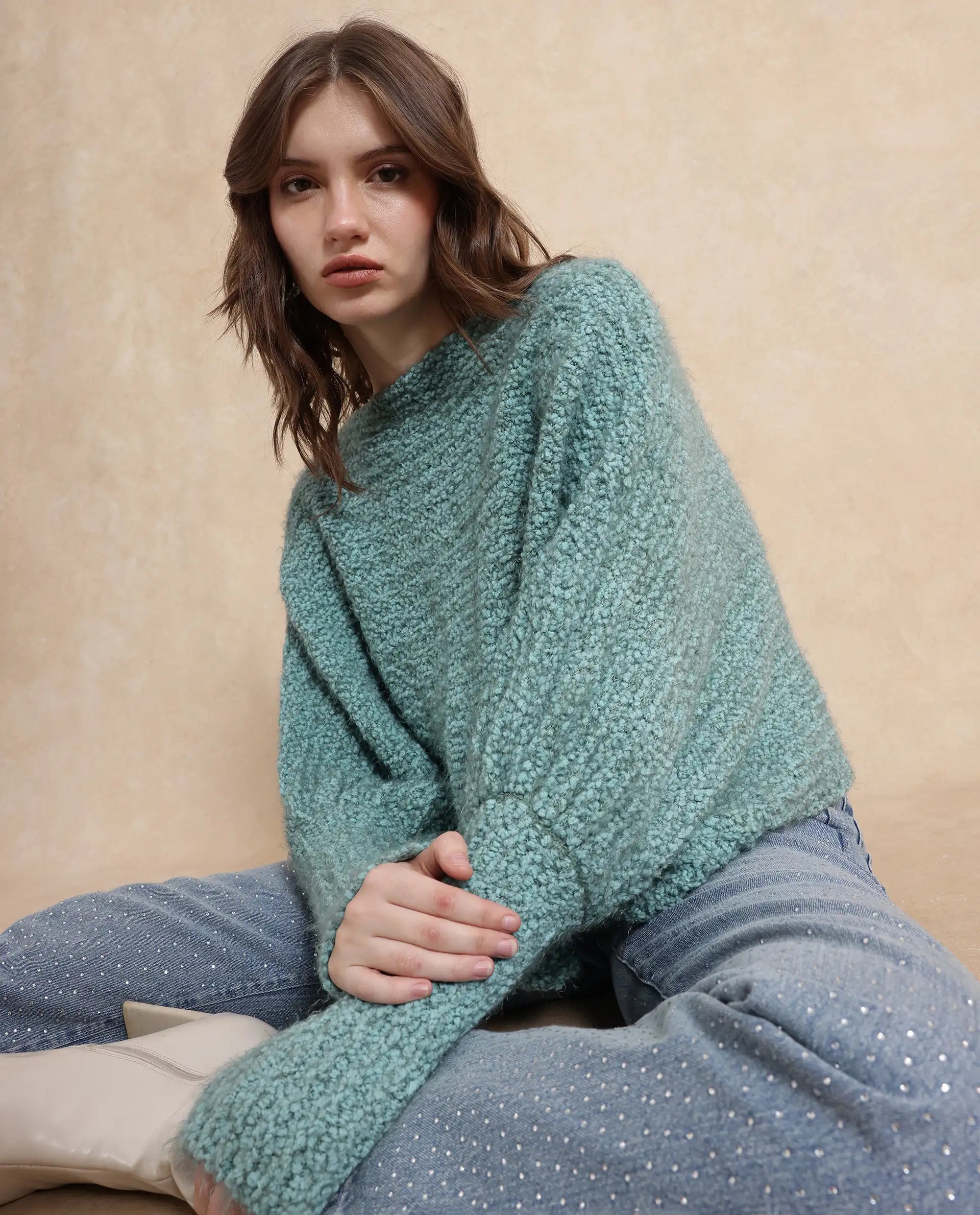 Rareism Women Taro Teal Polyester Nylon Fabric Oversized Fit Plain Sweater