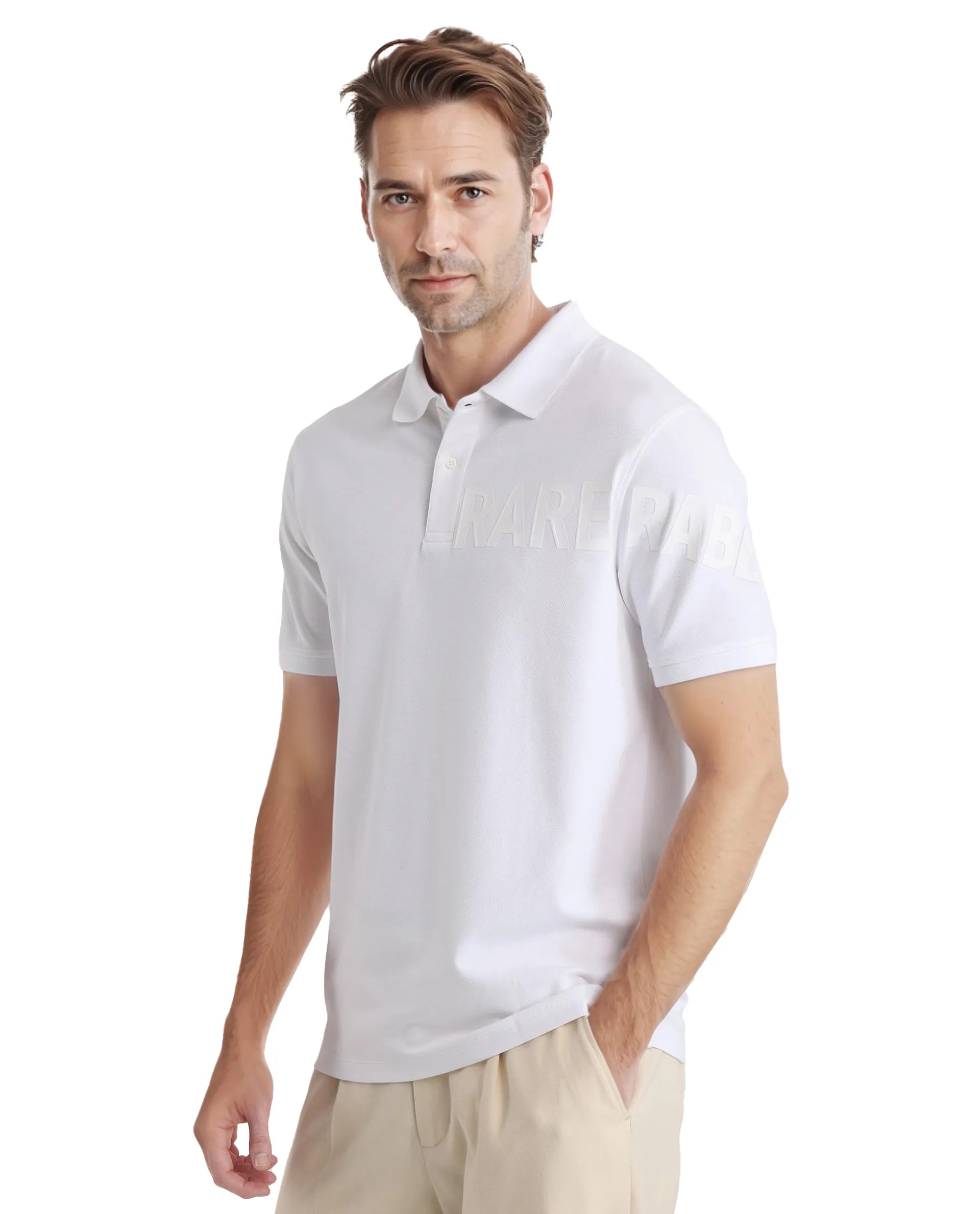 Rare Rabbit Men Taro White Cotton Blend Short Sleeve Regular Fit Regular Collared Plain Polo