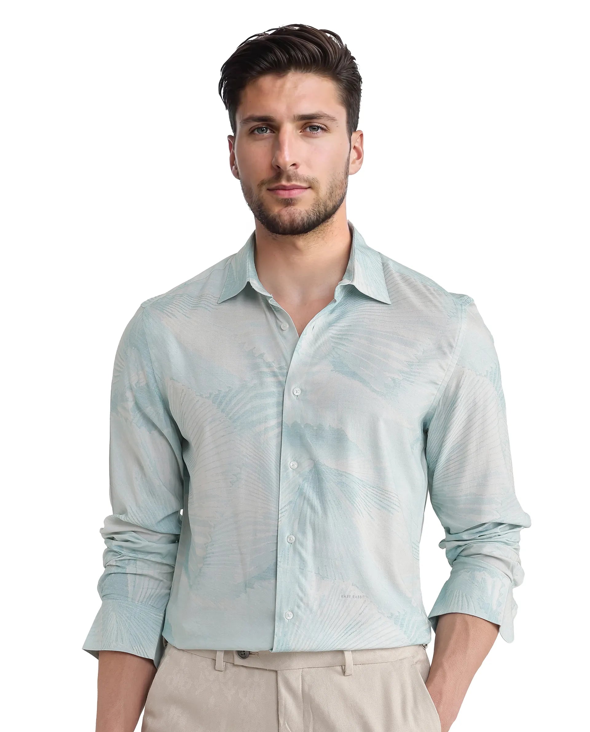 Rare Rabbit Men Tasa Blue Viscose Fabric Full Sleeves Regular Collared Button Closure Relaxed Fit Abstract Print Shirt