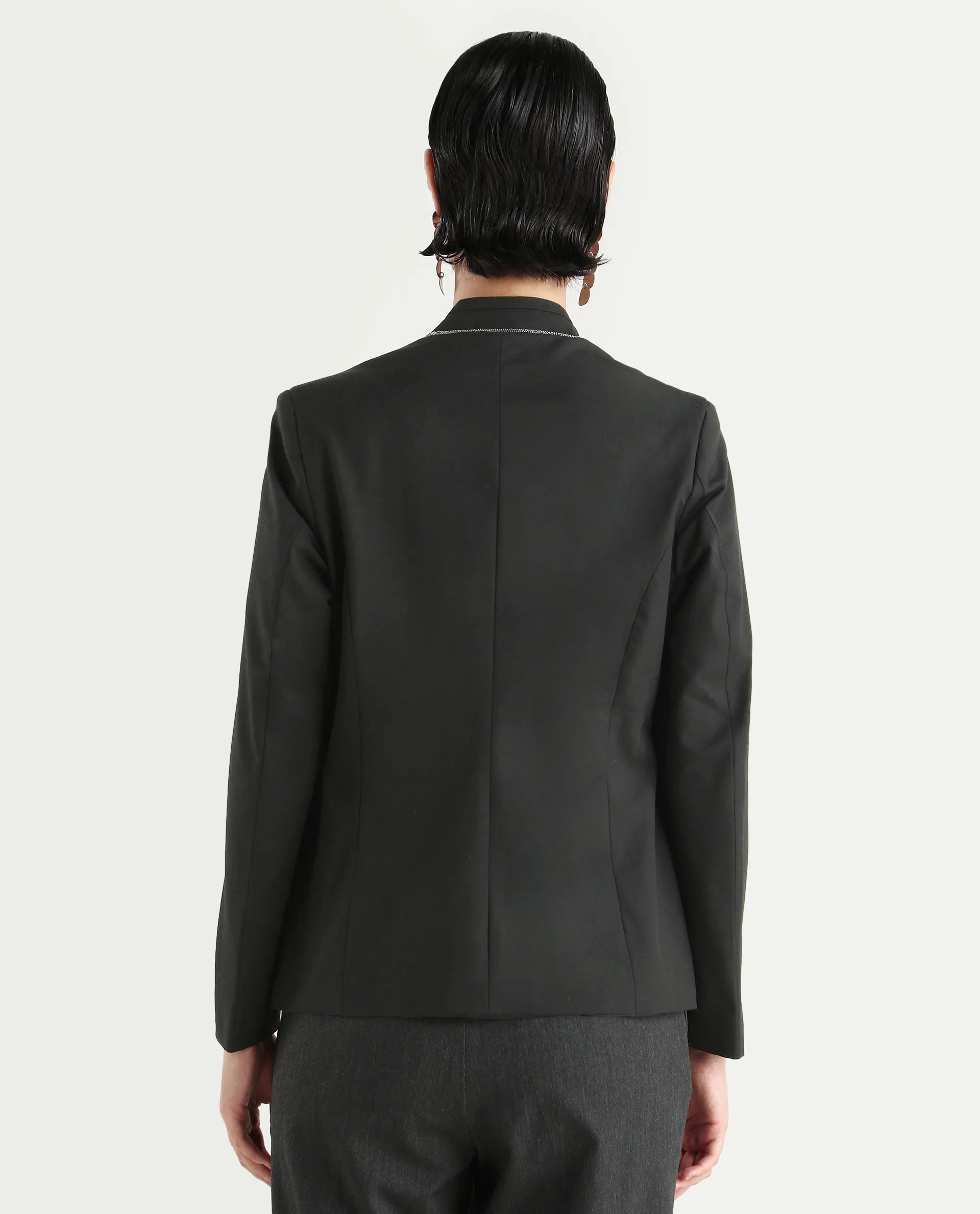 Rareism Women's Tasmania Black Cotton Blend Mandarin Collar Plain Regular Fit Jacket