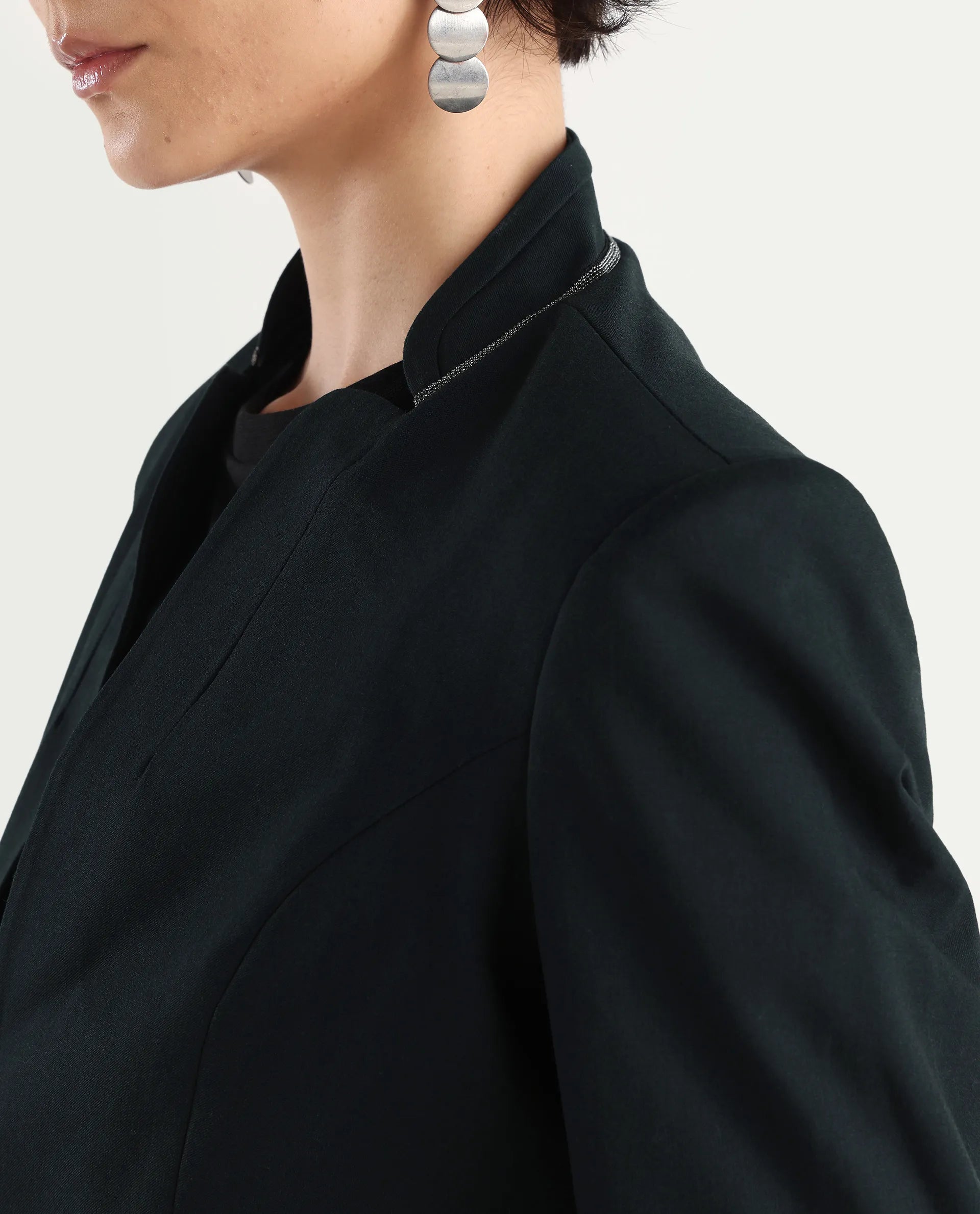 Rareism Women's Tasmania Dark Green Mandarin Collar Plain Regular Fit Jacket