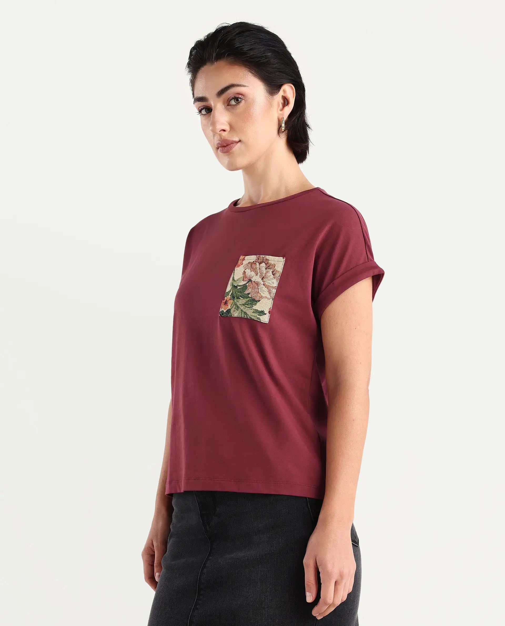 Rareism Women's Tasse Maroon Cotton Blend Crew Neck Graphic Print Extended Sleeves Relaxed Fit T-Shirt