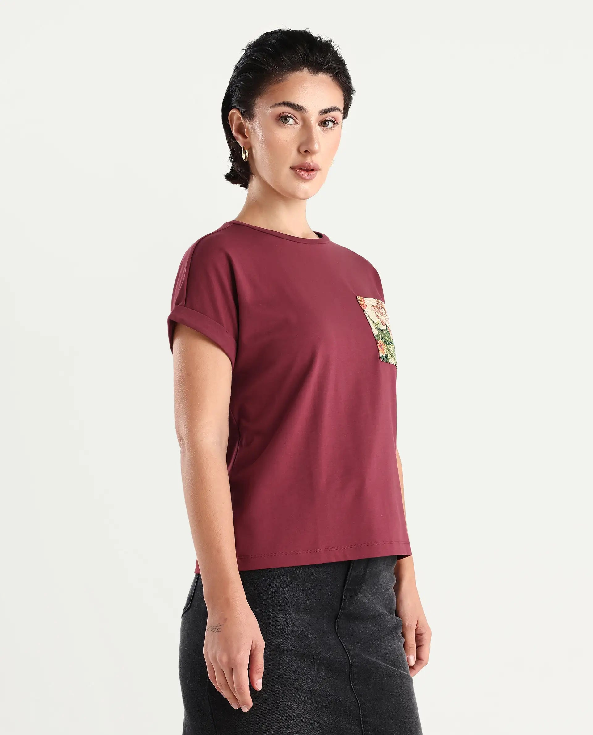 Rareism Women's Tasse Maroon Cotton Blend Crew Neck Graphic Print Extended Sleeves Relaxed Fit T-Shirt