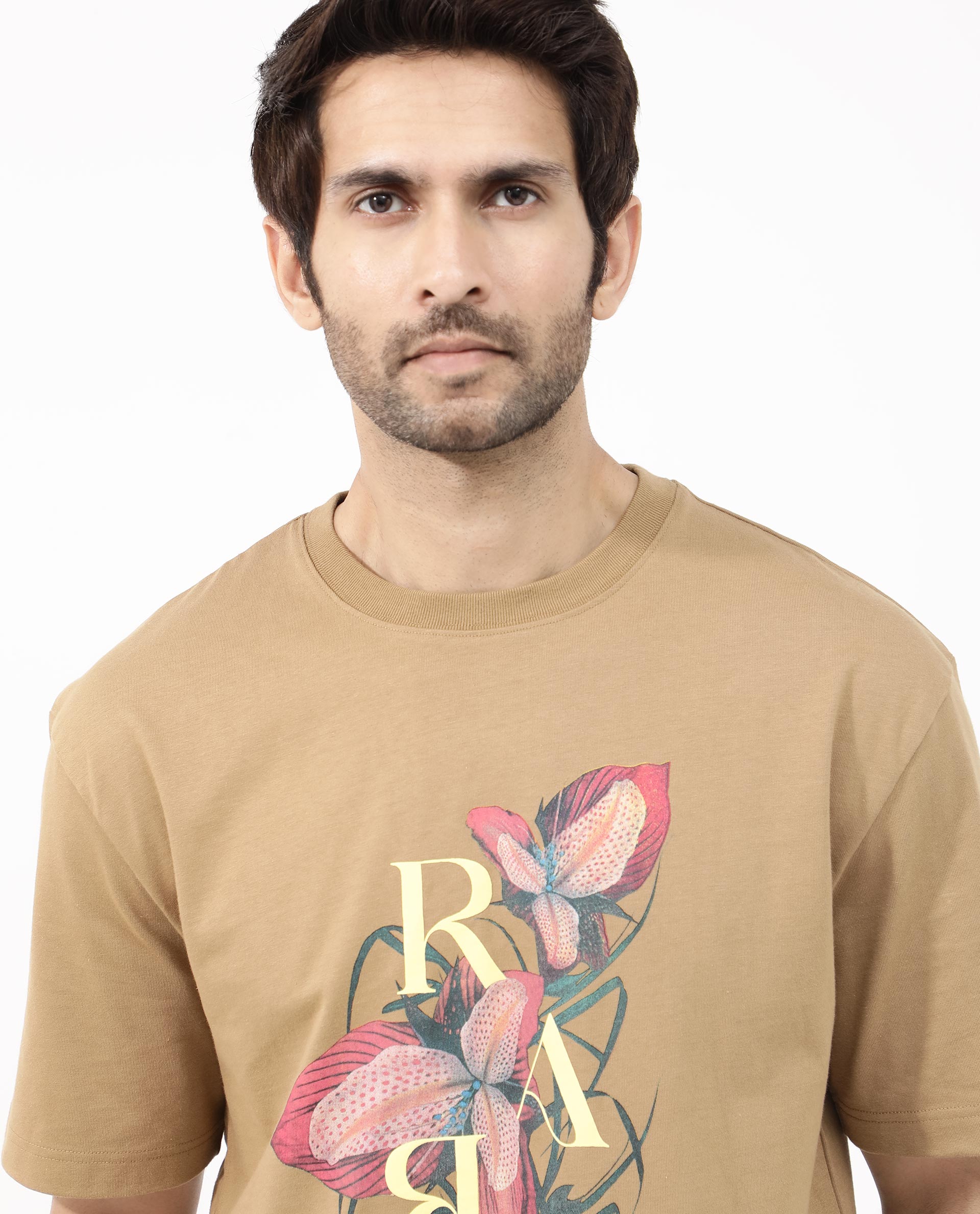 Rare Rabbit Articale Mens Tate Brown Cotton Fabric Short Sleeve Crew Neck Oversized Fit Printed T-Shirt