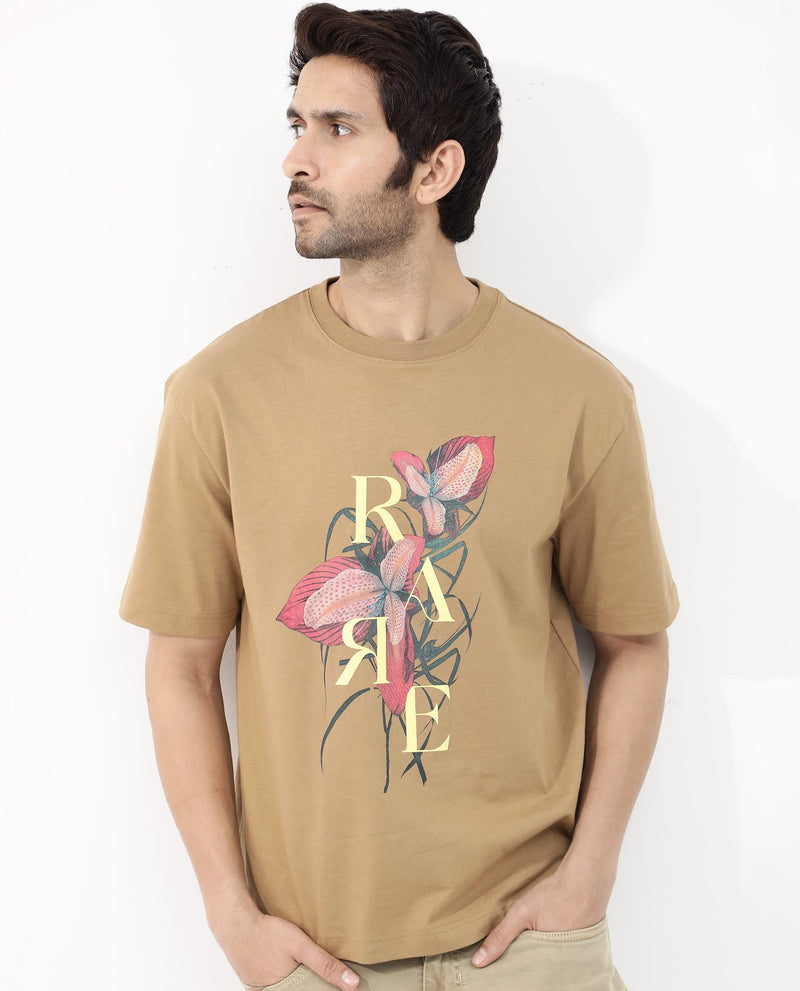 Rare Rabbit Articale Mens Tate Brown Cotton Fabric Short Sleeve Crew Neck Oversized Fit Printed T-Shirt