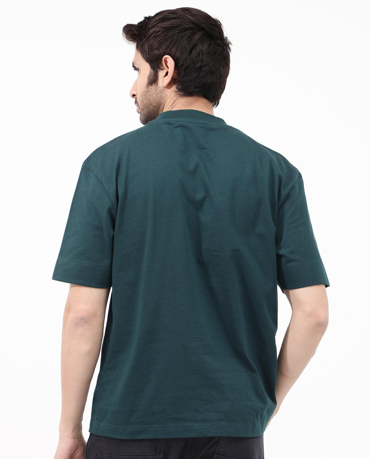Rare Rabbit Articale Mens Tate Dark Teal Cotton Fabric Short Sleeve Crew Neck Oversized Fit Printed T-Shirt