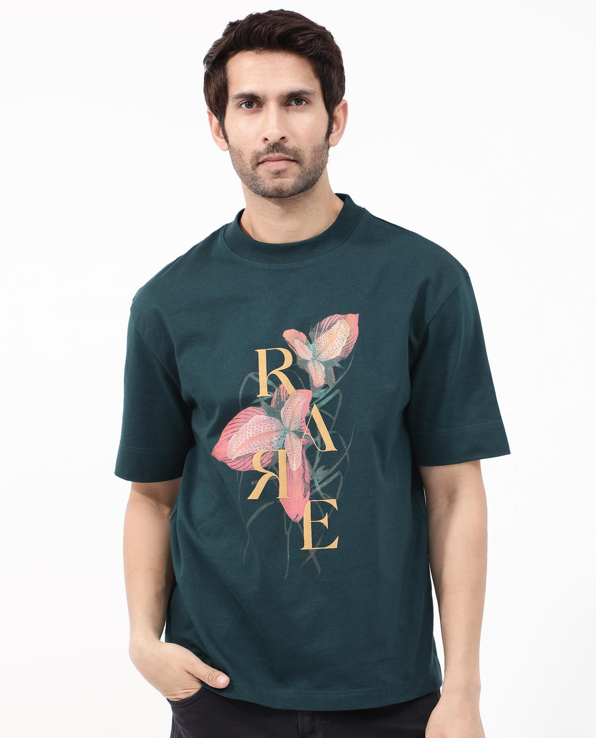 Rare Rabbit Articale Mens Tate Dark Teal Cotton Fabric Short Sleeve Crew Neck Oversized Fit Printed T-Shirt
