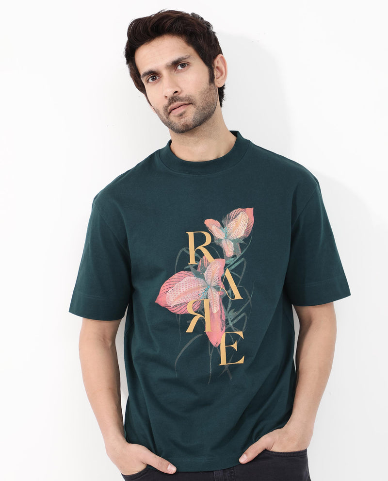 Rare Rabbit Articale Mens Tate Dark Teal Cotton Fabric Short Sleeve Crew Neck Oversized Fit Printed T-Shirt