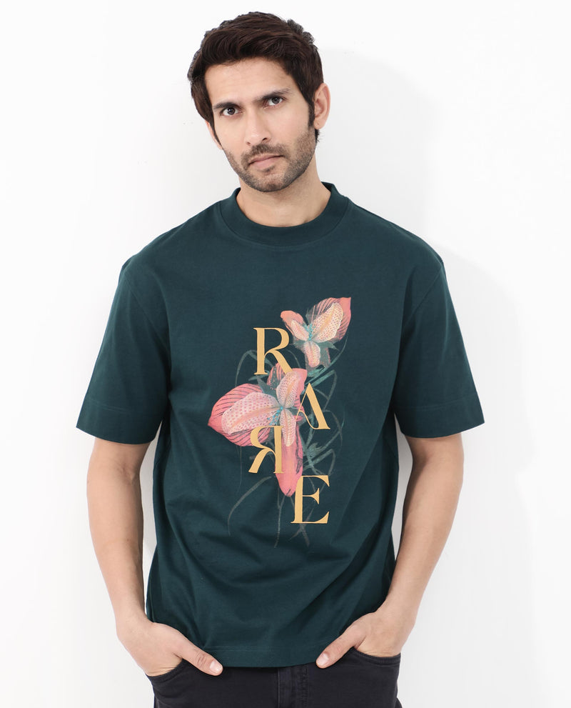 Rare Rabbit Articale Mens Tate Dark Teal Cotton Fabric Short Sleeve Crew Neck Oversized Fit Printed T-Shirt