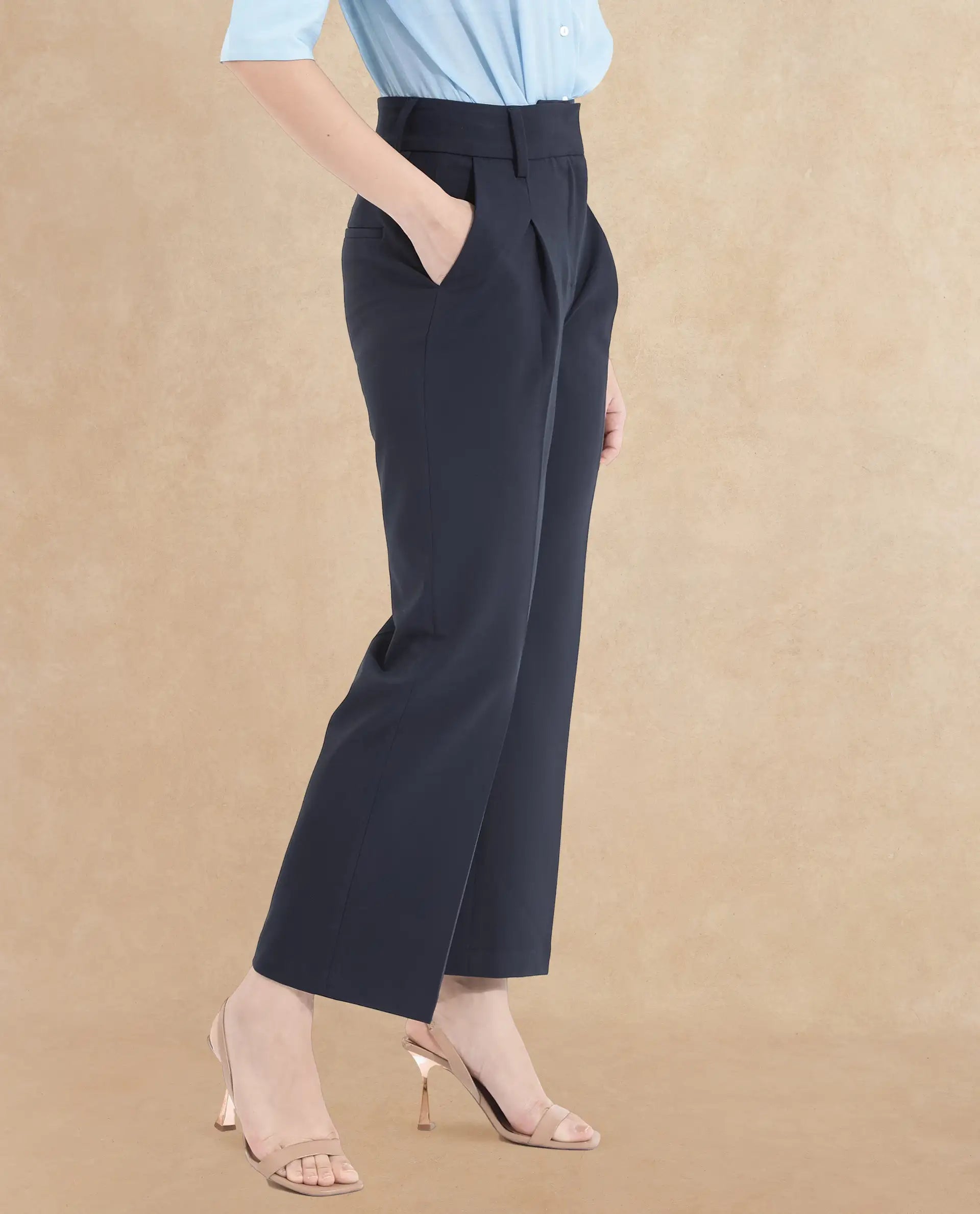 Rareism Women's Tatsa Navy Polyester Blend Plain Ankle Length Straight Fit Trouser