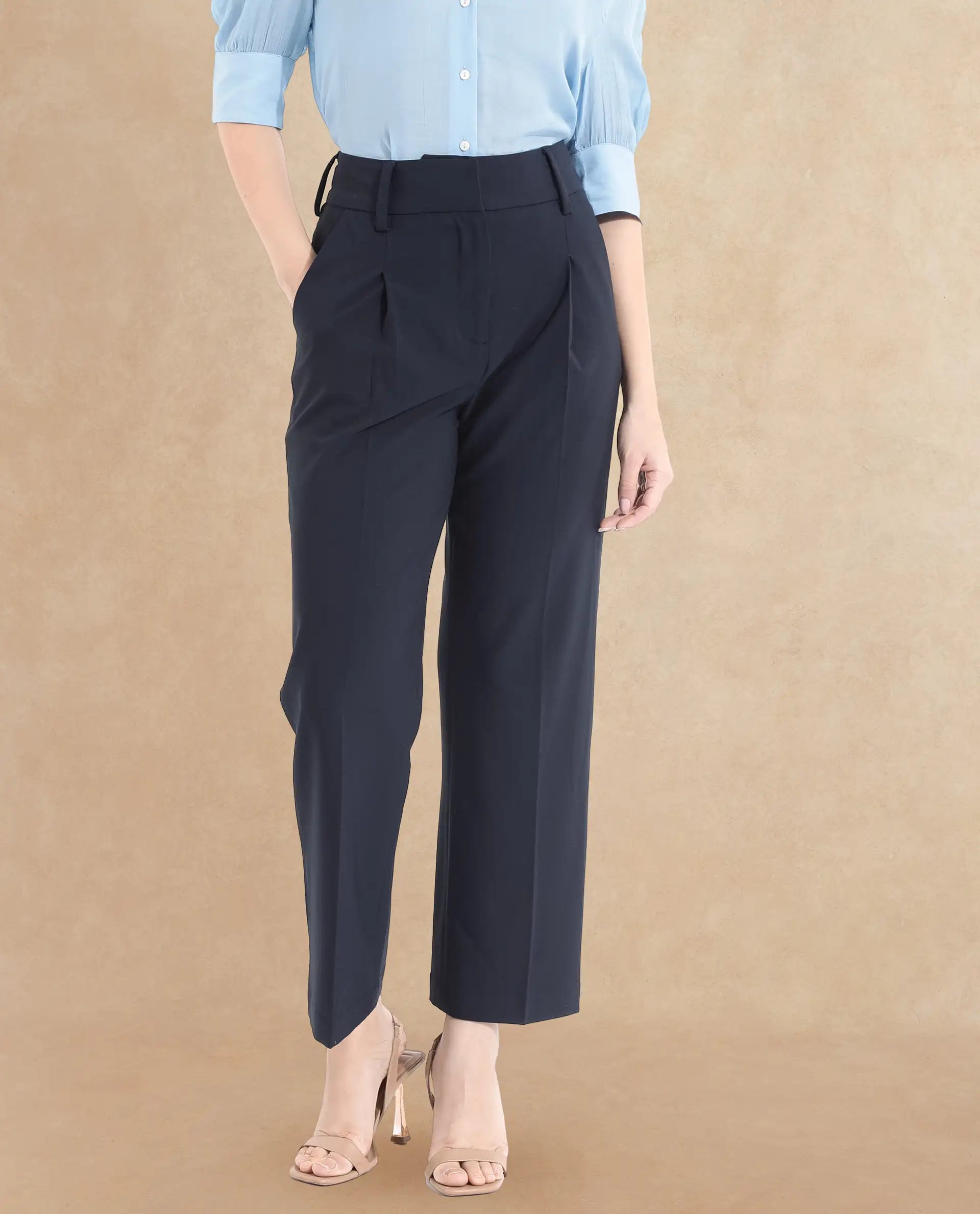 Rareism Women's Tatsa Navy Polyester Blend Plain Ankle Length Straight Fit Trouser