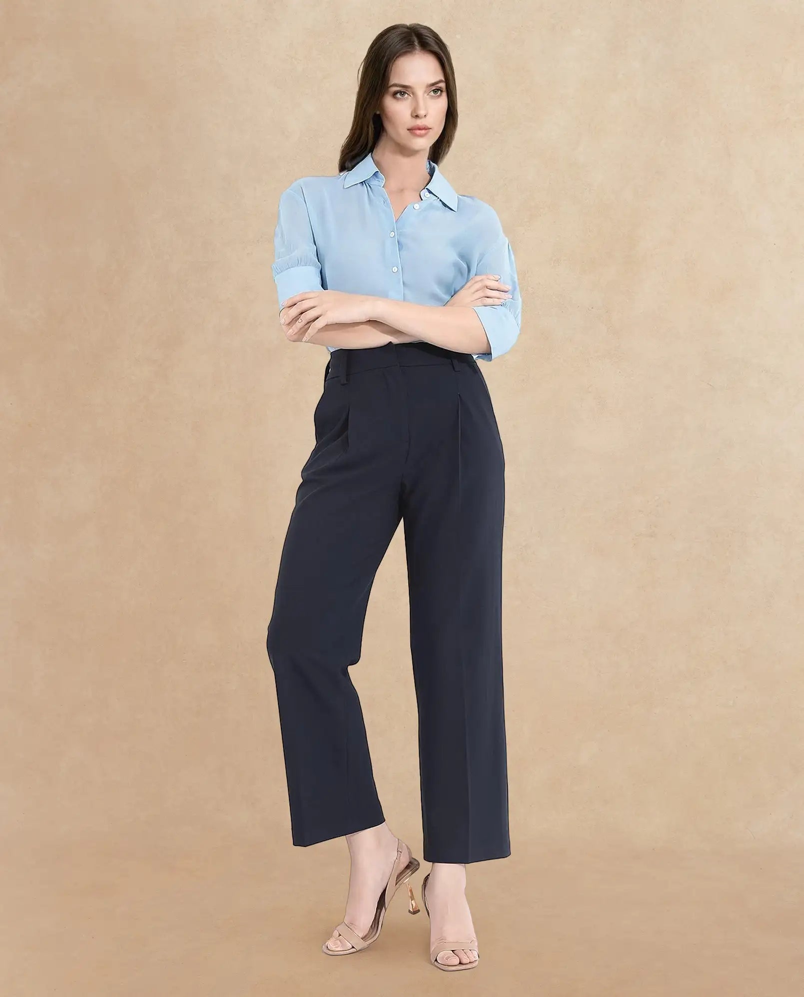 Rareism Women's Tatsa Navy Polyester Blend Plain Ankle Length Straight Fit Trouser