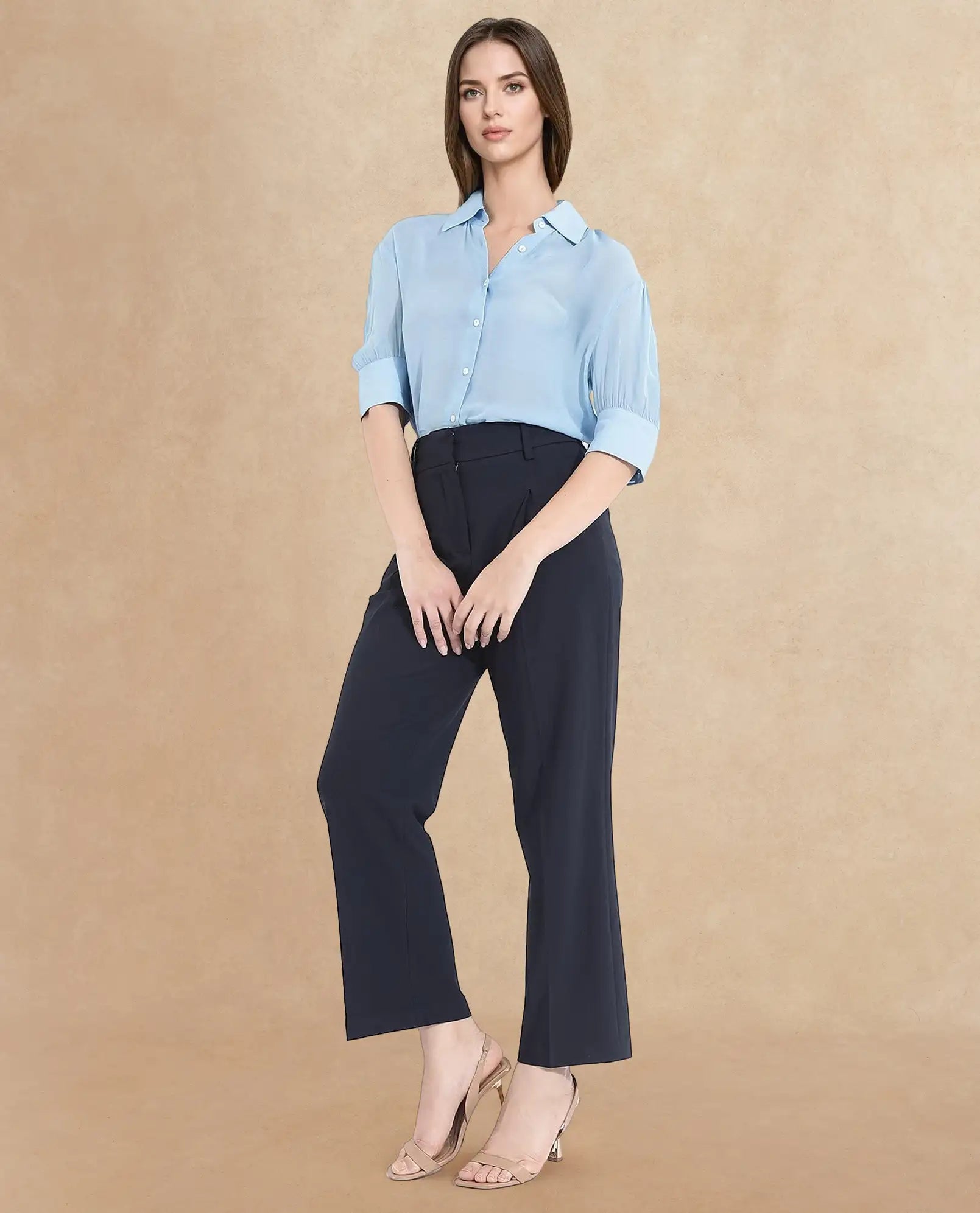 Rareism Women's Tatsa Navy Polyester Blend Plain Ankle Length Straight Fit Trouser