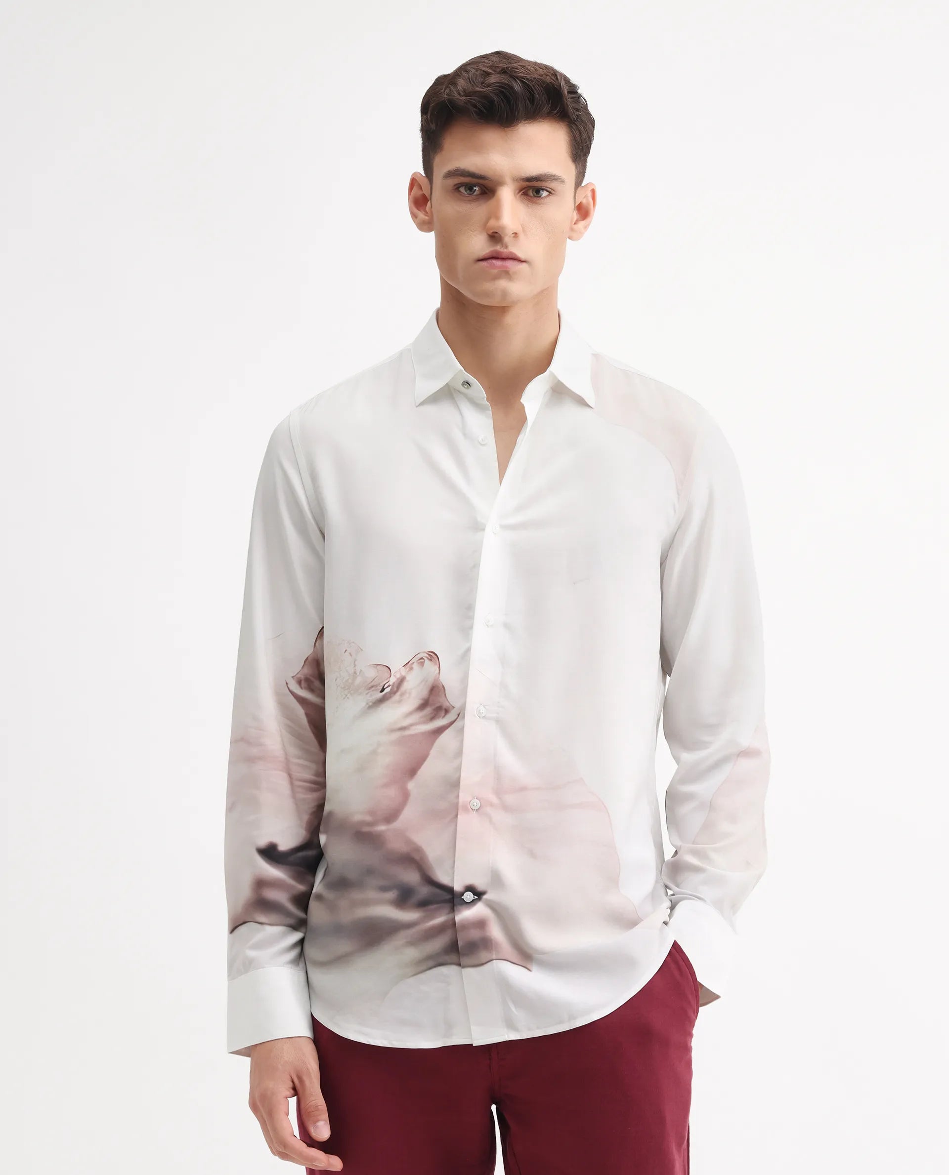 Rare Rabbit Men's Tavi White Viscose Floral Print Regular Fit Full Sleeve Collared Shirt