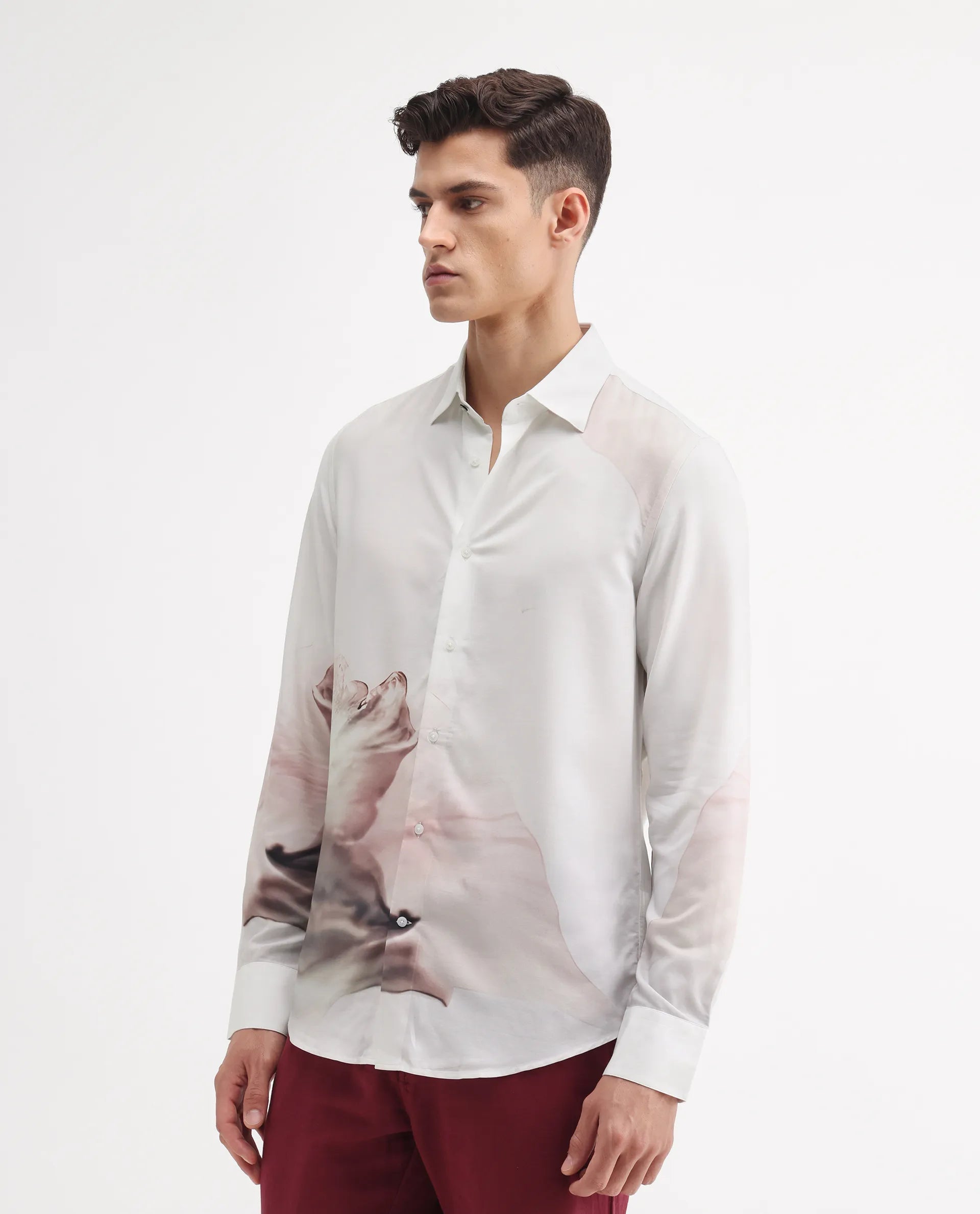Rare Rabbit Men's Tavi White Viscose Floral Print Regular Fit Full Sleeve Collared Shirt