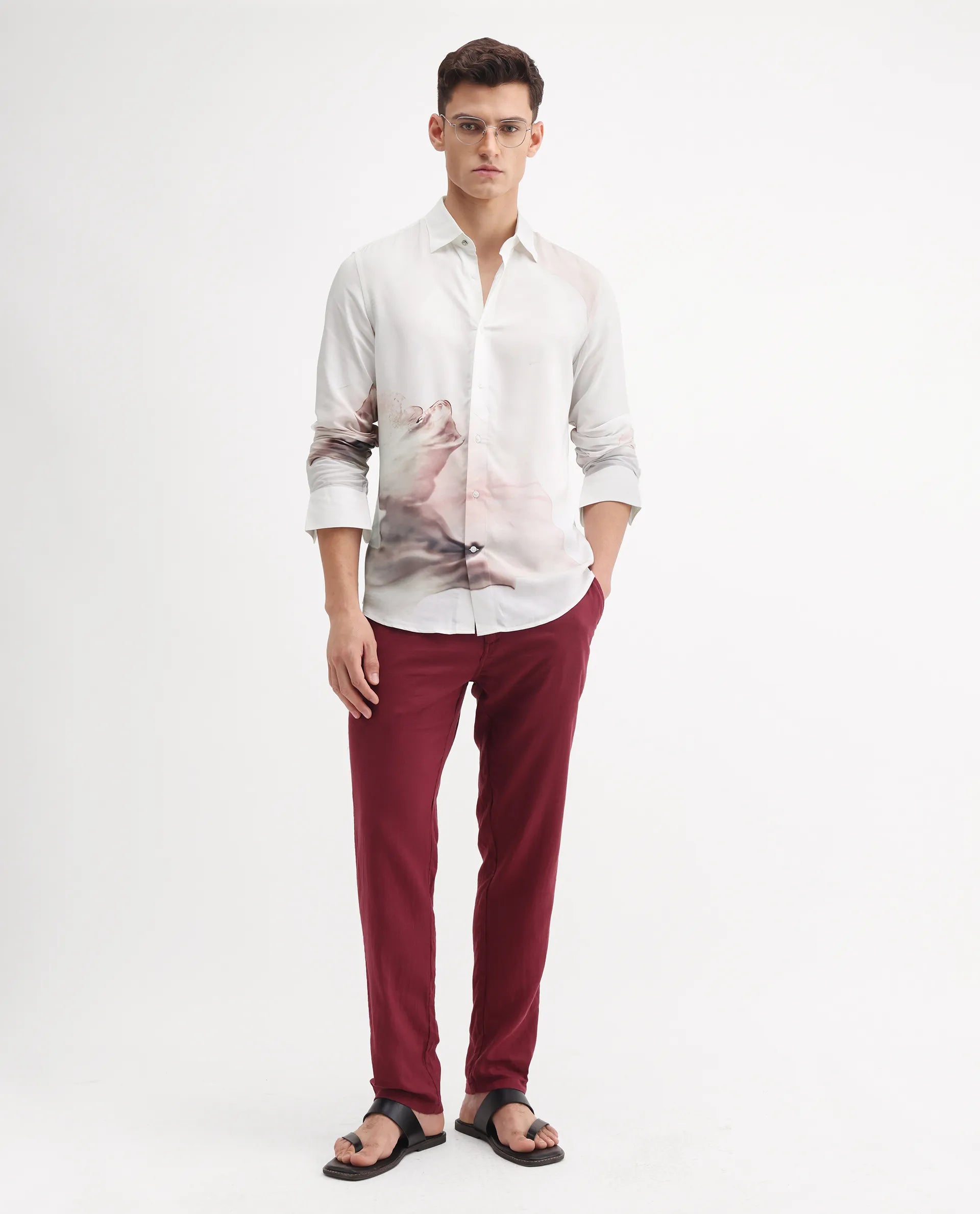 Rare Rabbit Men's Tavi White Viscose Floral Print Regular Fit Full Sleeve Collared Shirt