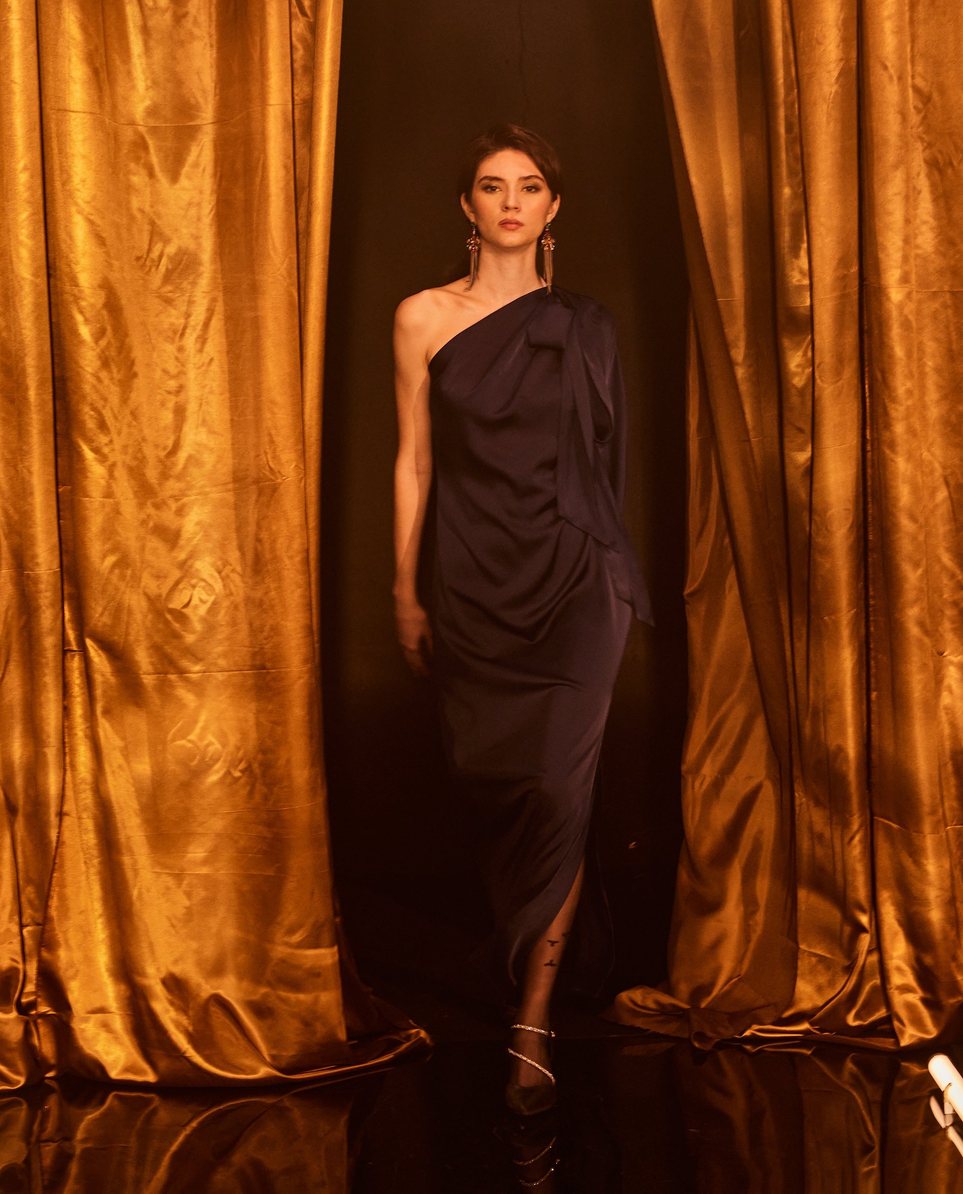 Rareism Women's Ankara Navy Satin Fabric One Shoulder Zipper Closure One Shoulder Dyed Straight Fit Maxi Dress