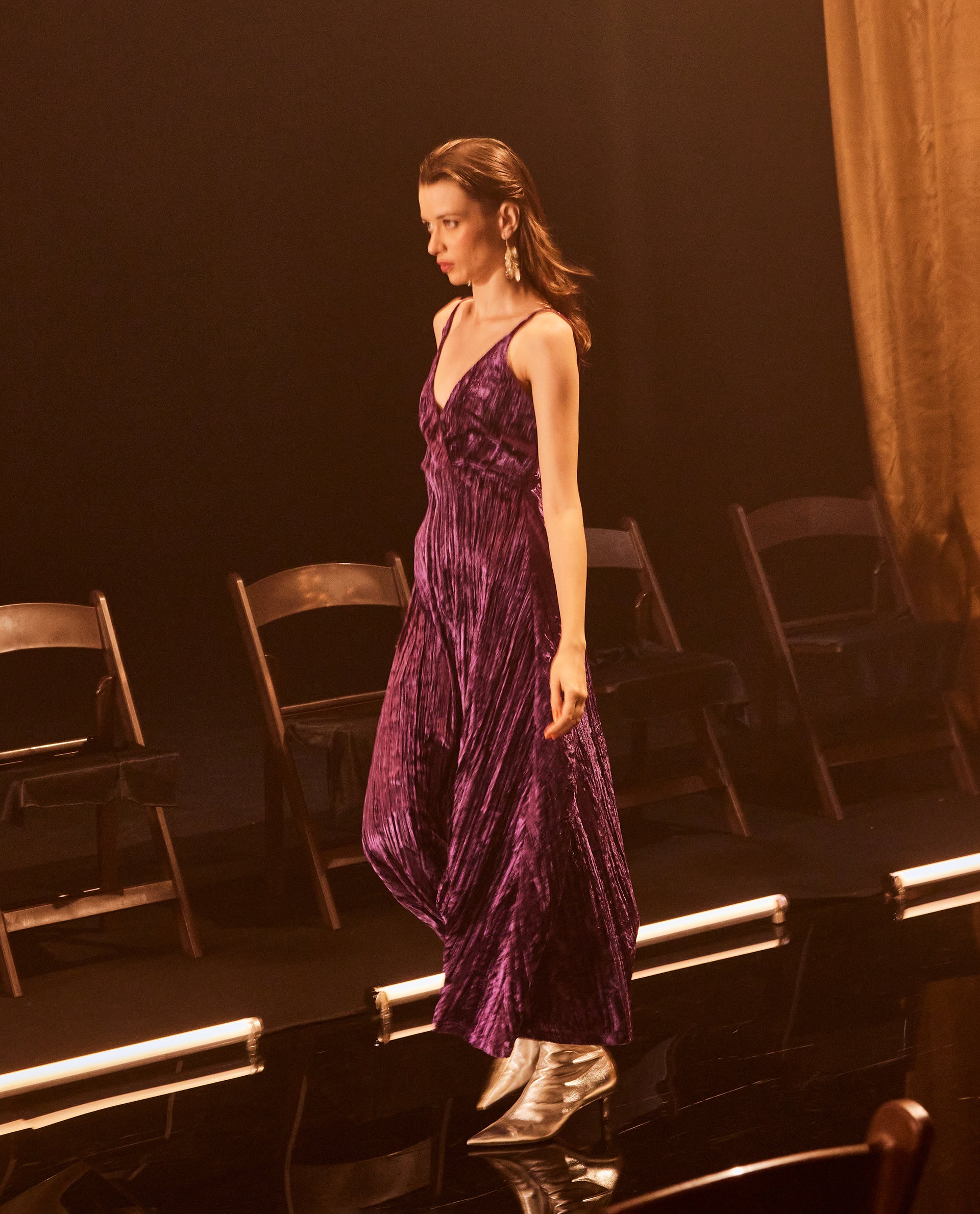 Rareism Women Harbo Purple Velvet Sleeveless Shoulder Straps Zipper Closure Fit And Flare Maxi Plain Dress