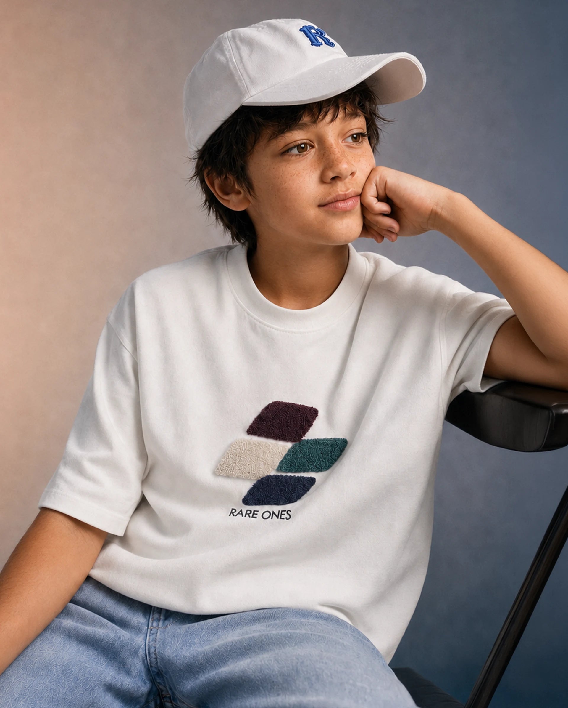 Rare Ones Kids Ted Off White Cotton Fabric Pull-On Oversized Fit Embroidered T-Shirt